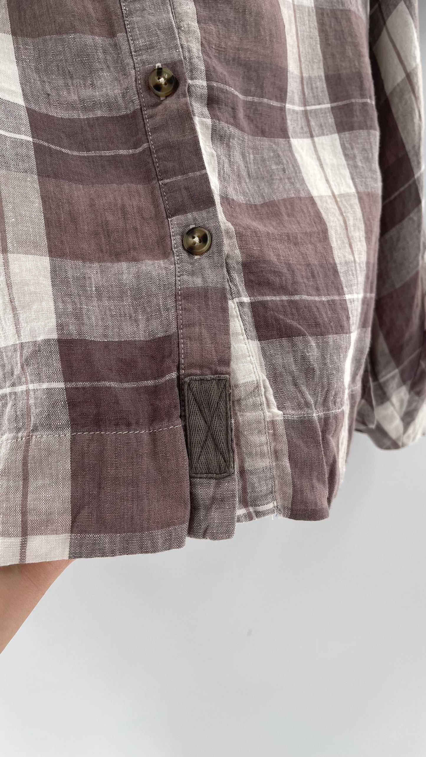 Free People 100% Linen Plaid Grey Short Sleeve (Small)