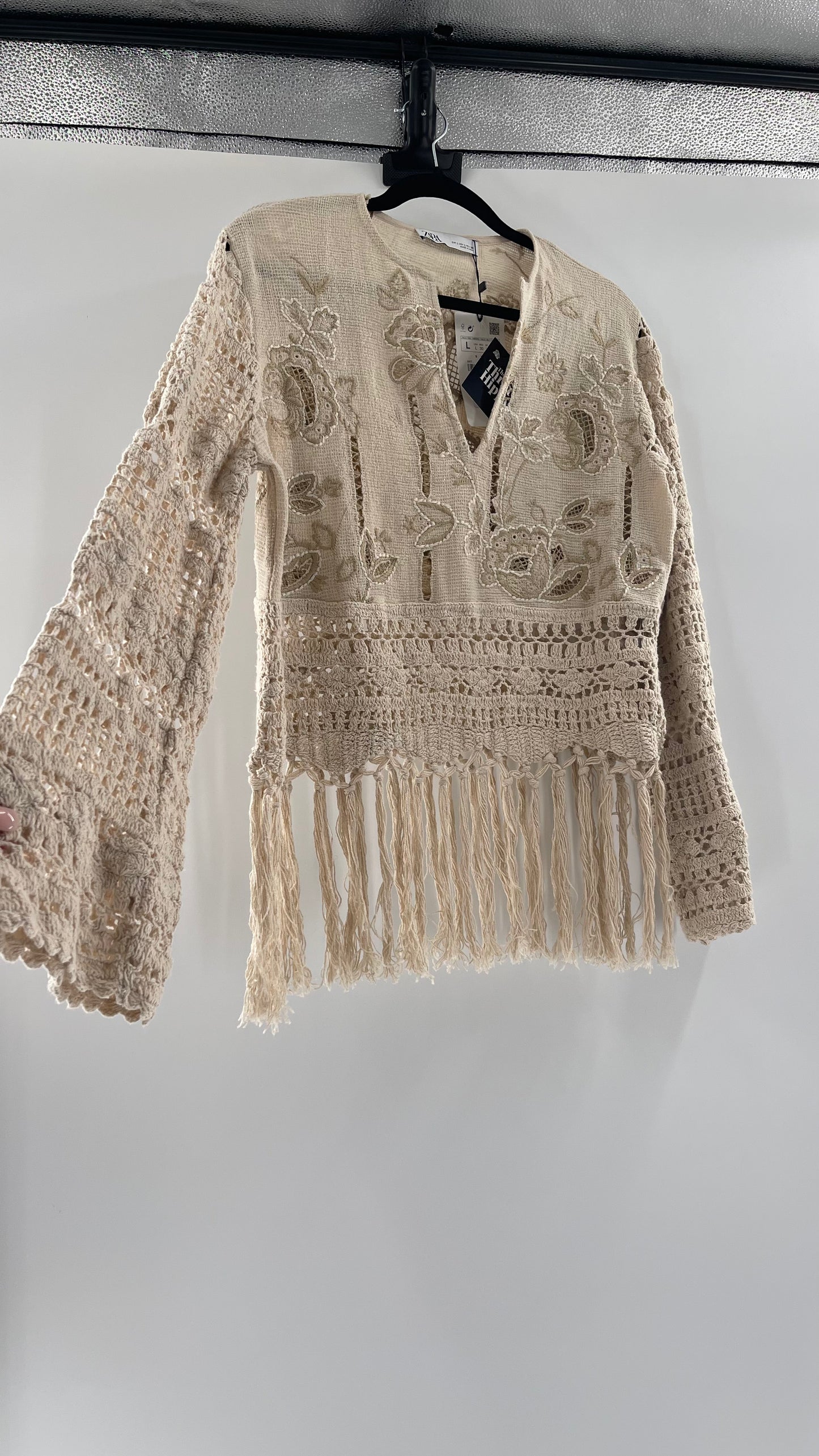 Zara Beige Gauze, Crochet, Embroidered Tunic Blouse (Large)