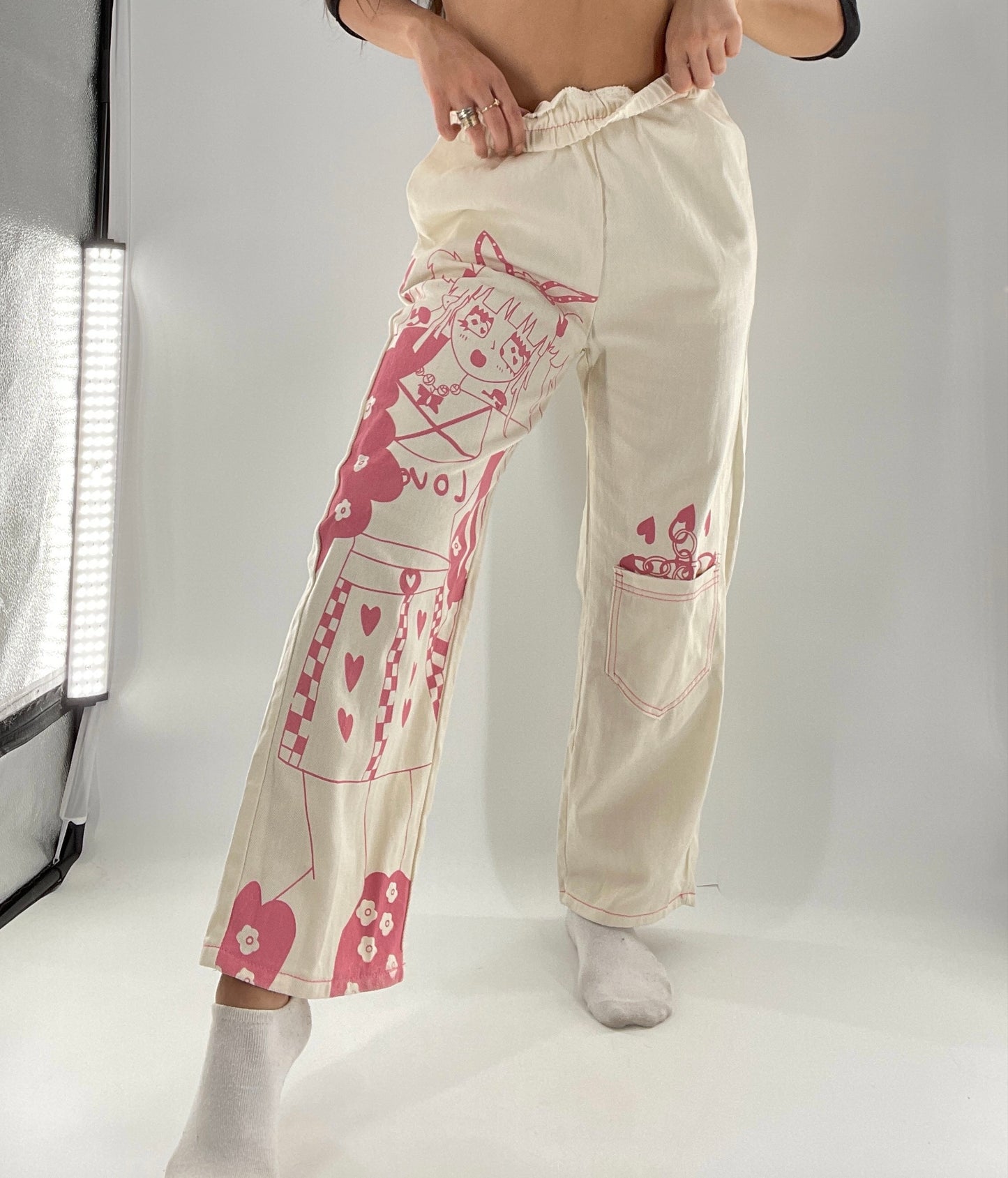 Beige Carpenter Pant with Pocket and Pink Anime Graphic (Medium)
