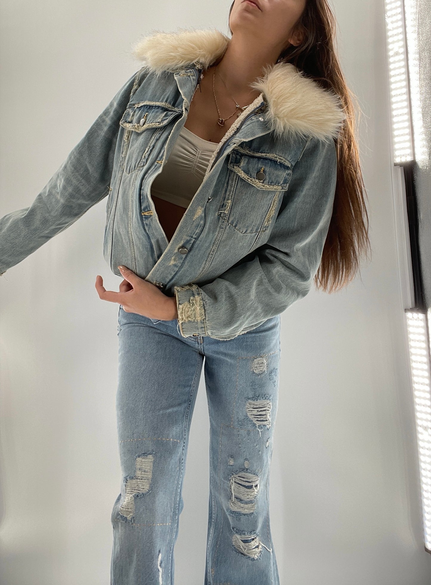 Heartloom Heavy Duty Denim Jacket with Faux Fur Collar and Removable Shearling Lining (Large)