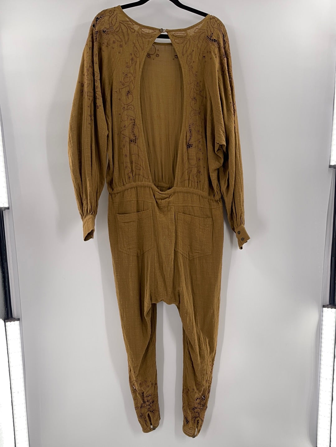 Free People - One Teaspoon - Tobacco Long Sleeve Embroidered Laser Cut Details Adjustable Drawstring Waist Line With Side Pockets Backless Jumpsuit (Size Small) - WITH TAG -