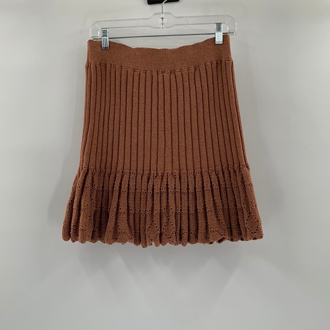 Free People Ribbed Knit Brown Mini Skirt with Perforated Argyle Hem Detail (Size M)