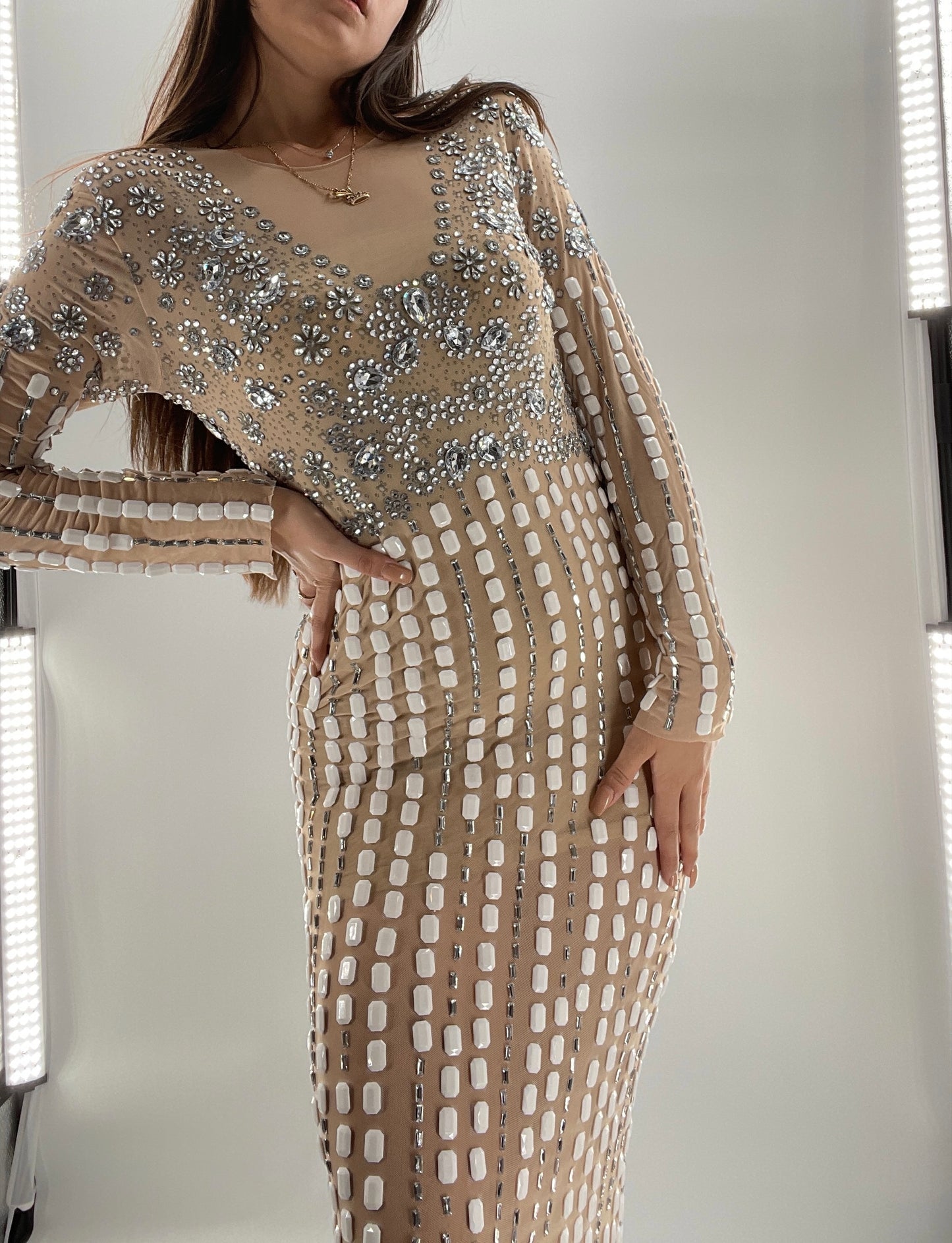 Modified Floor Length Gown Nude Underlay with Crystals and White Jewels (Medium)