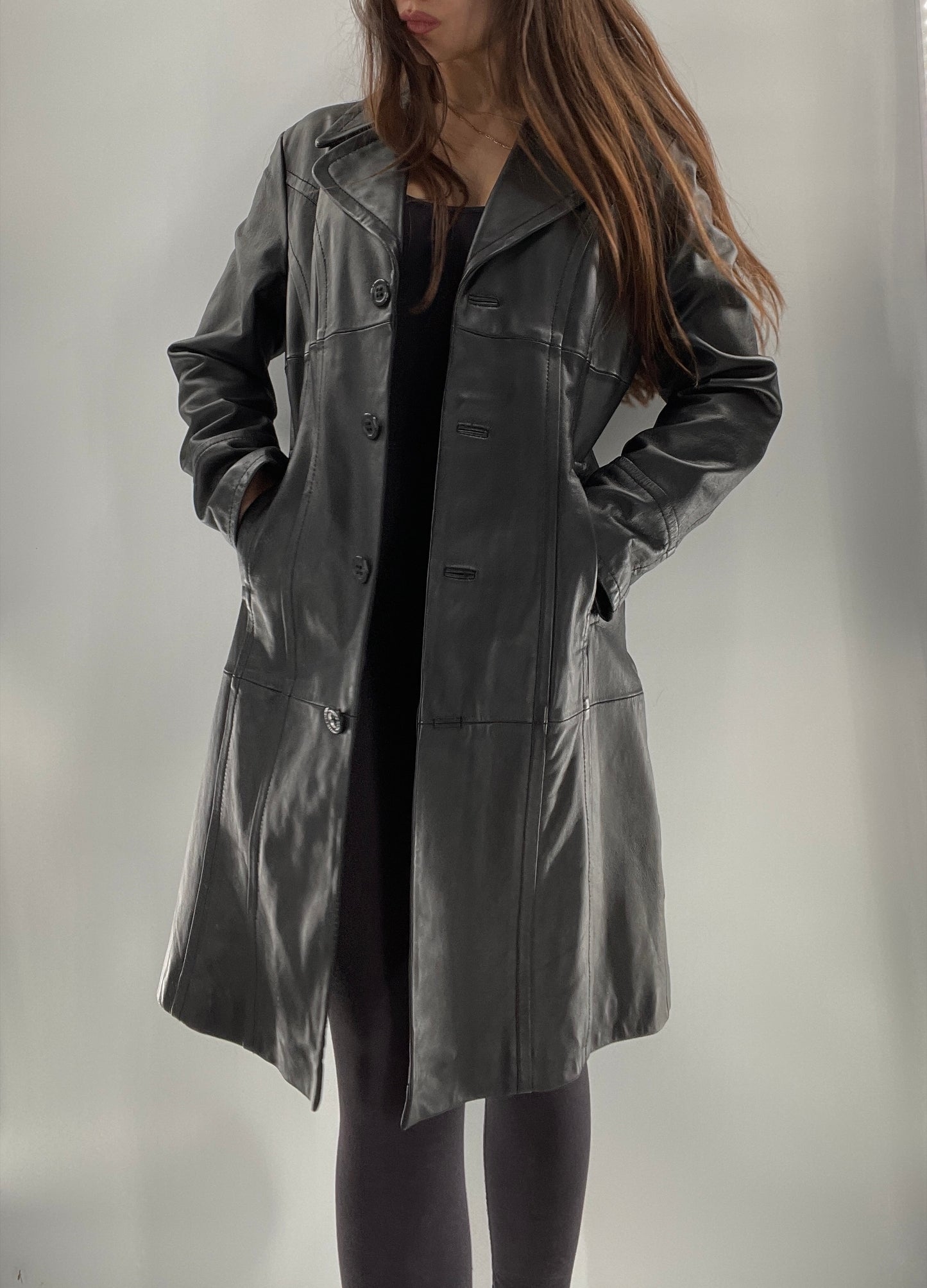 Vintage Black Leather Collared Midi Coat (Small)