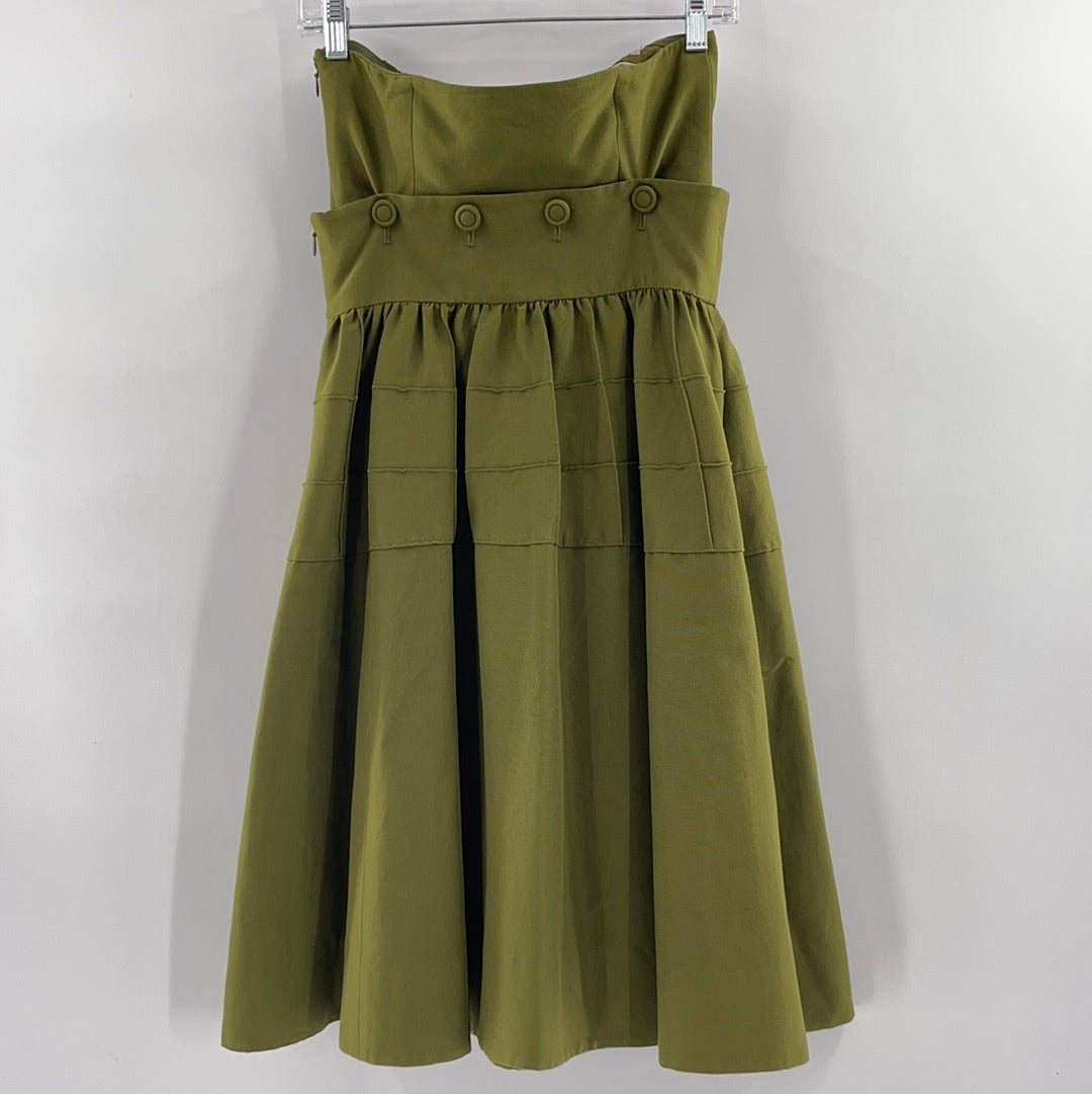 Maeve - Anthropologie Strapless Oliver Green Pleated MIDI Dress - Buttoned Under Breast- Could Separate and Make a 2 Piece Set - (Size 4)