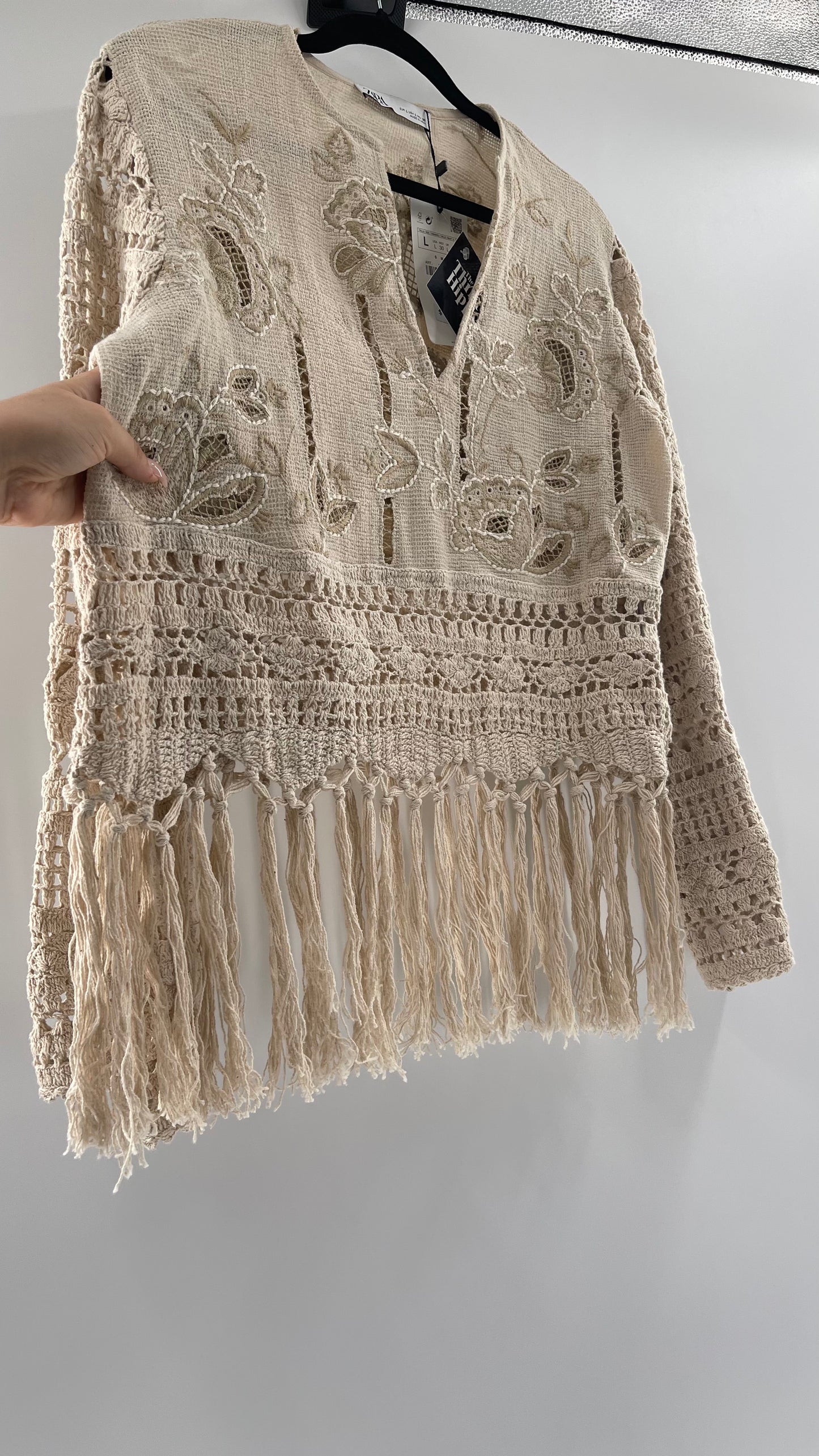 Zara Beige Gauze, Crochet, Embroidered Tunic Blouse (Large)