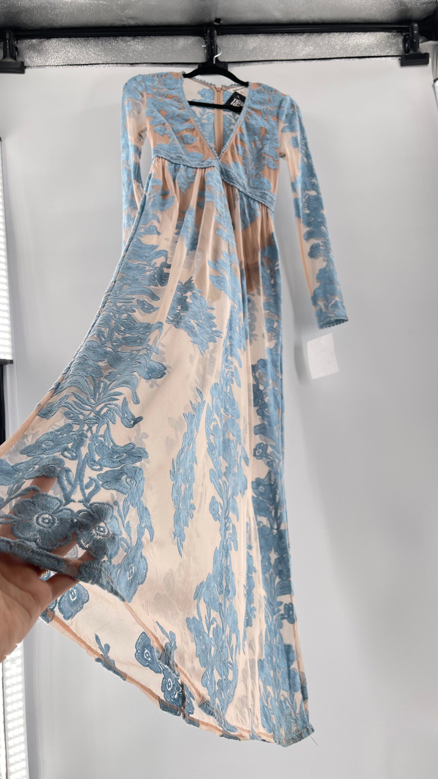 For Love and Lemons Powder Blue Embroidered Temecula Maxi Dress