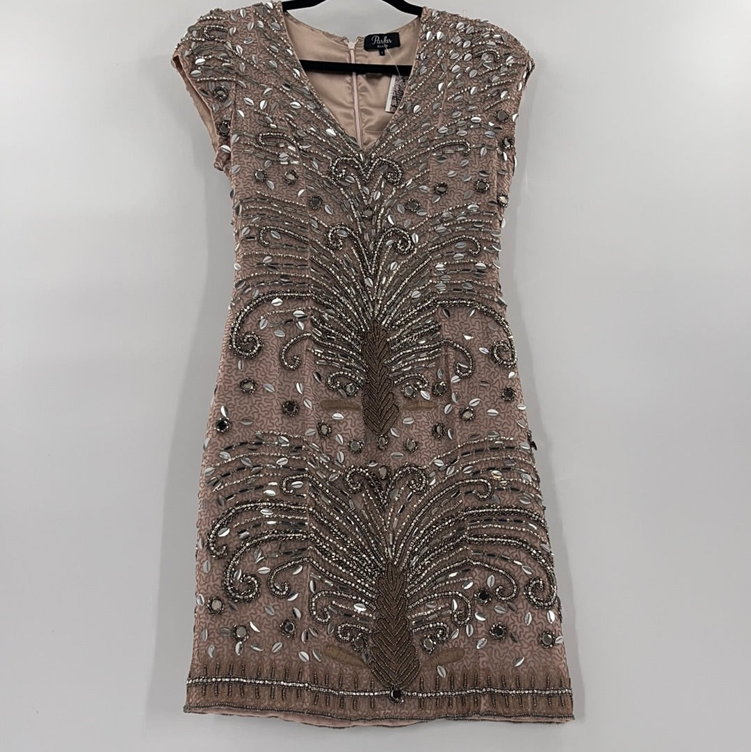 Parker Black Beige Beaded Midi Dress (Size 2)