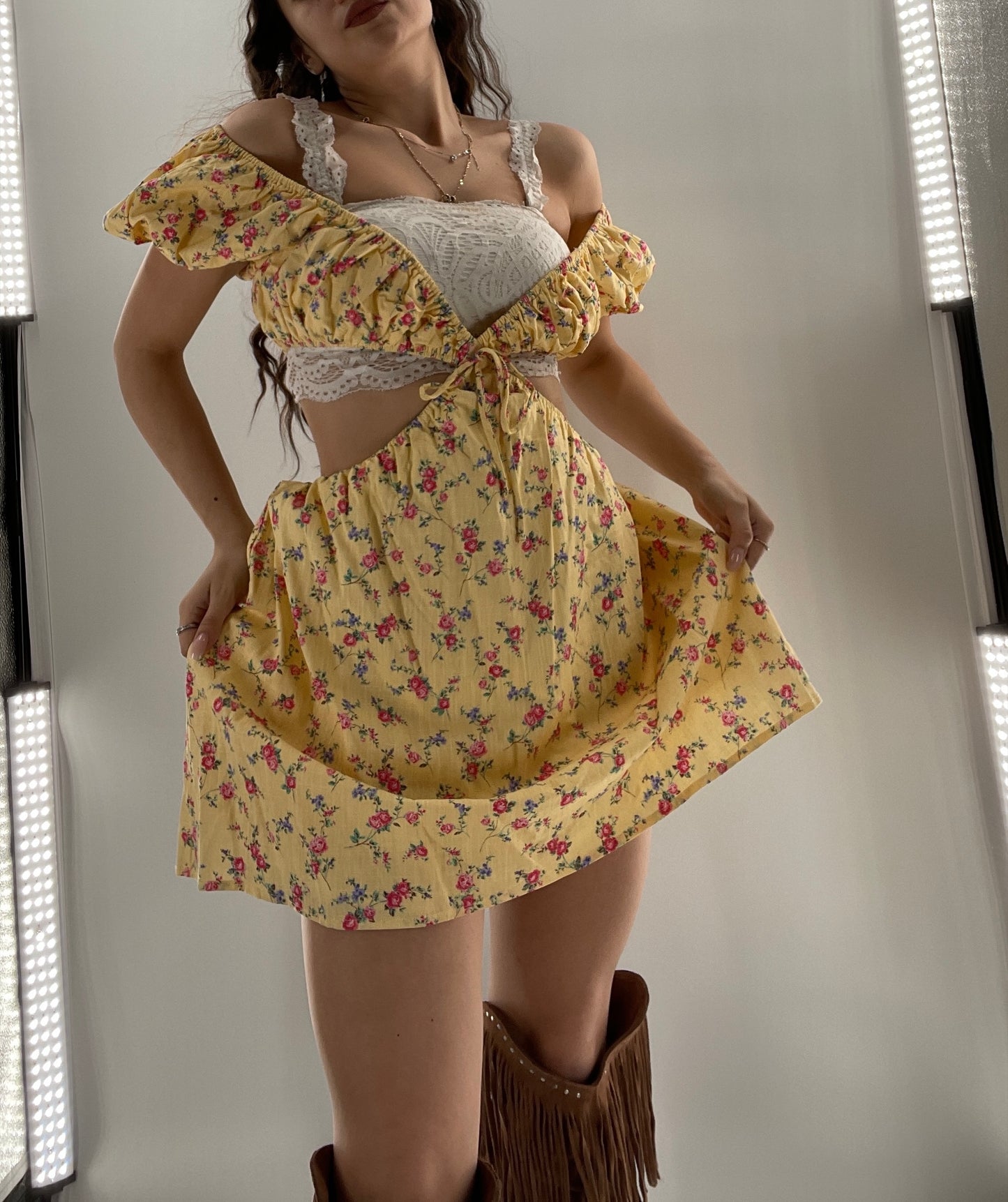 Yellow Cut Out Floral Dress (Small)