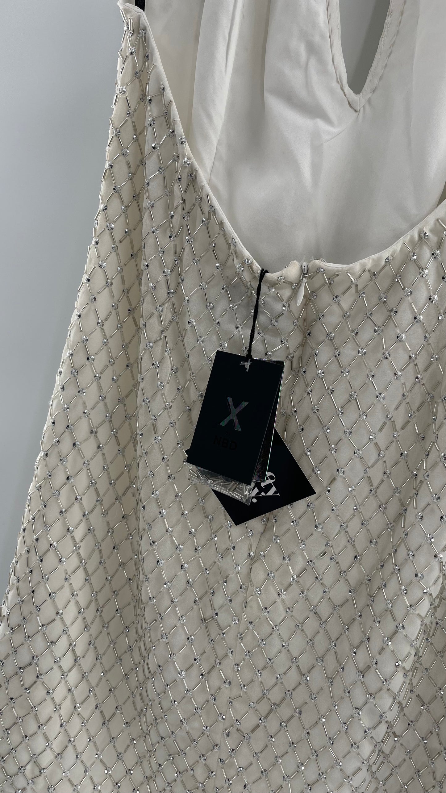 X by NBD White Jack Dress in Ivory Silver Beaded Halter Dress with Tags Attached (Large)
