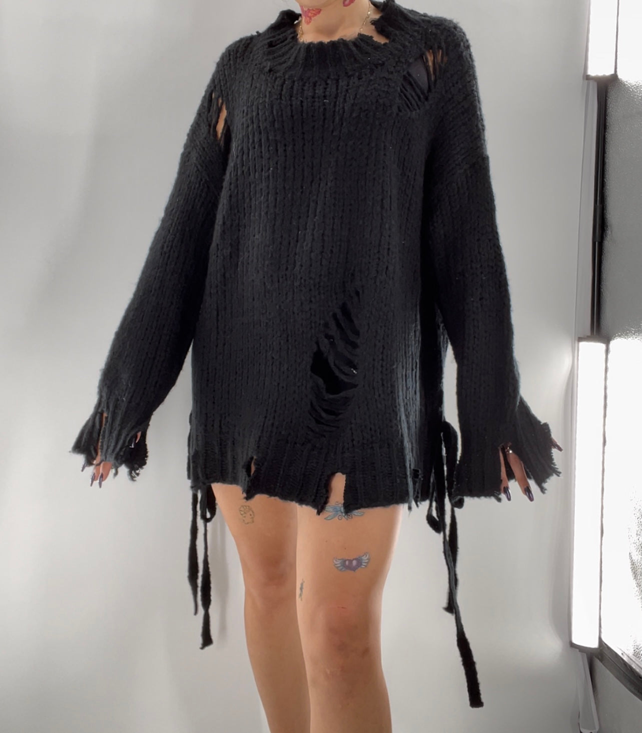 Black Distressed Tie Side Sweater (L)
