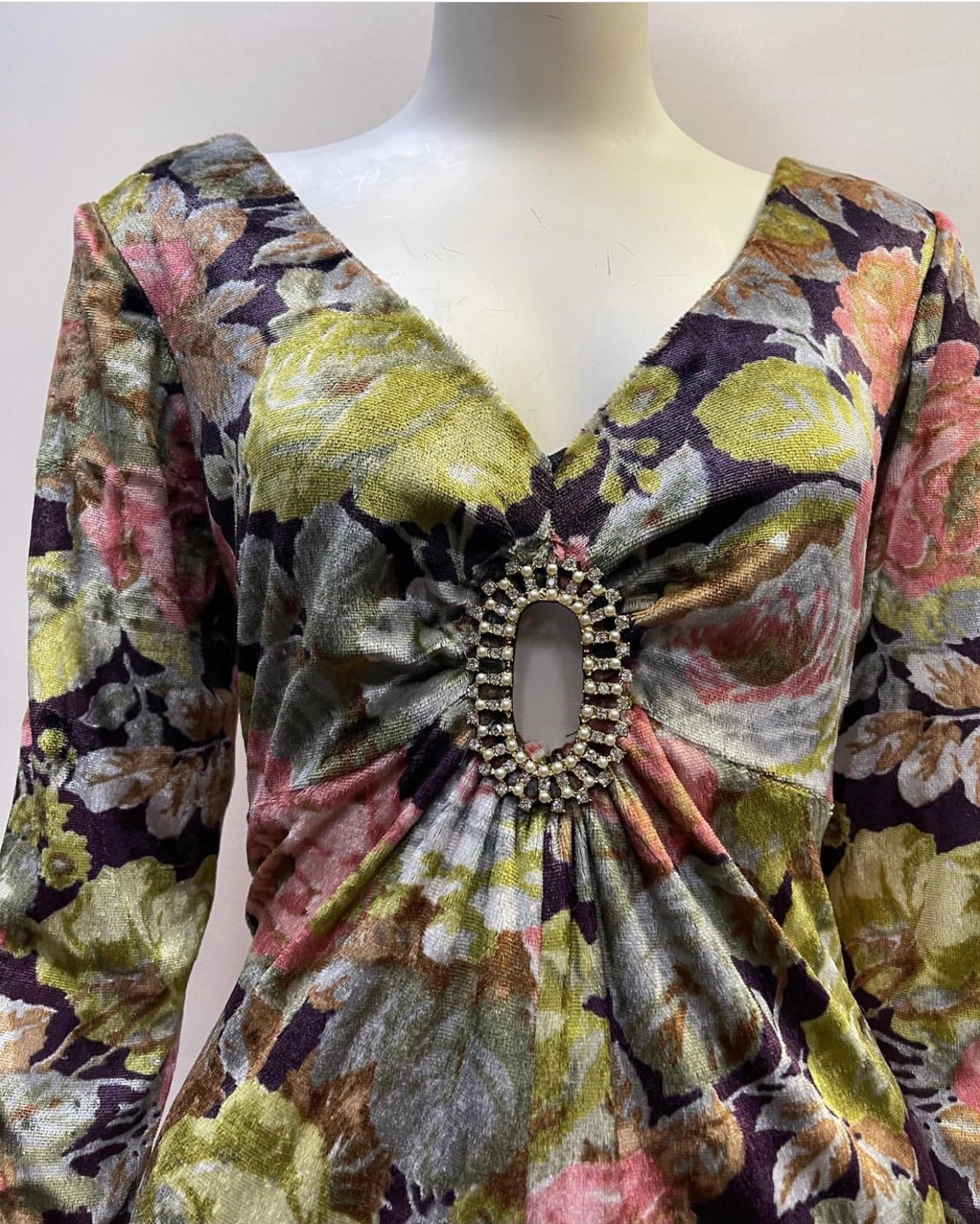 Workers Union (Vintage) Handmade Flowered Velour With Rhinestone Broche Maxi Dress (Sized M)