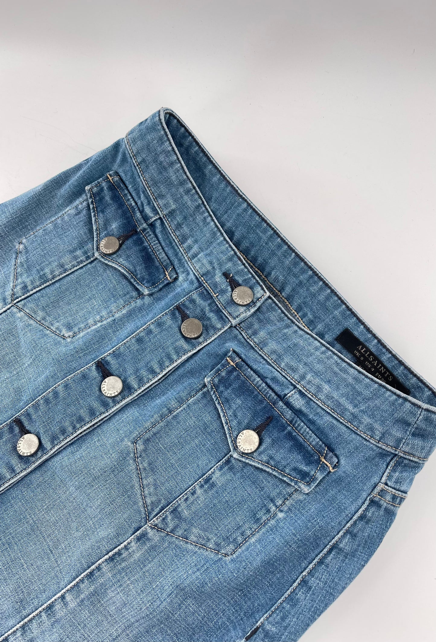 ALLSAINTS Light Wash Button Front Knee High Skirt (4)