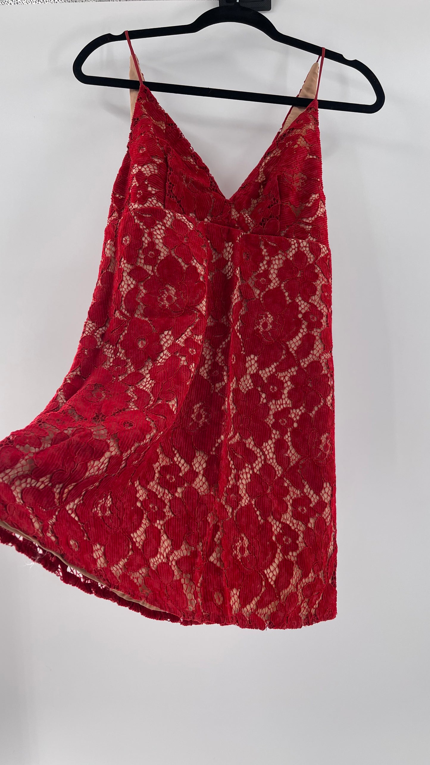 Free People Red Corduroy Lace Over Nude Underlay Sleeveless Mini Dress (Size 0)