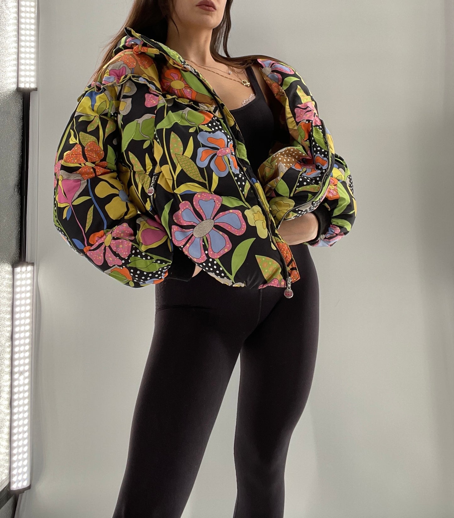 CELIA B Oregon Black Puffer with Contrast Colorful Flowers (Small)