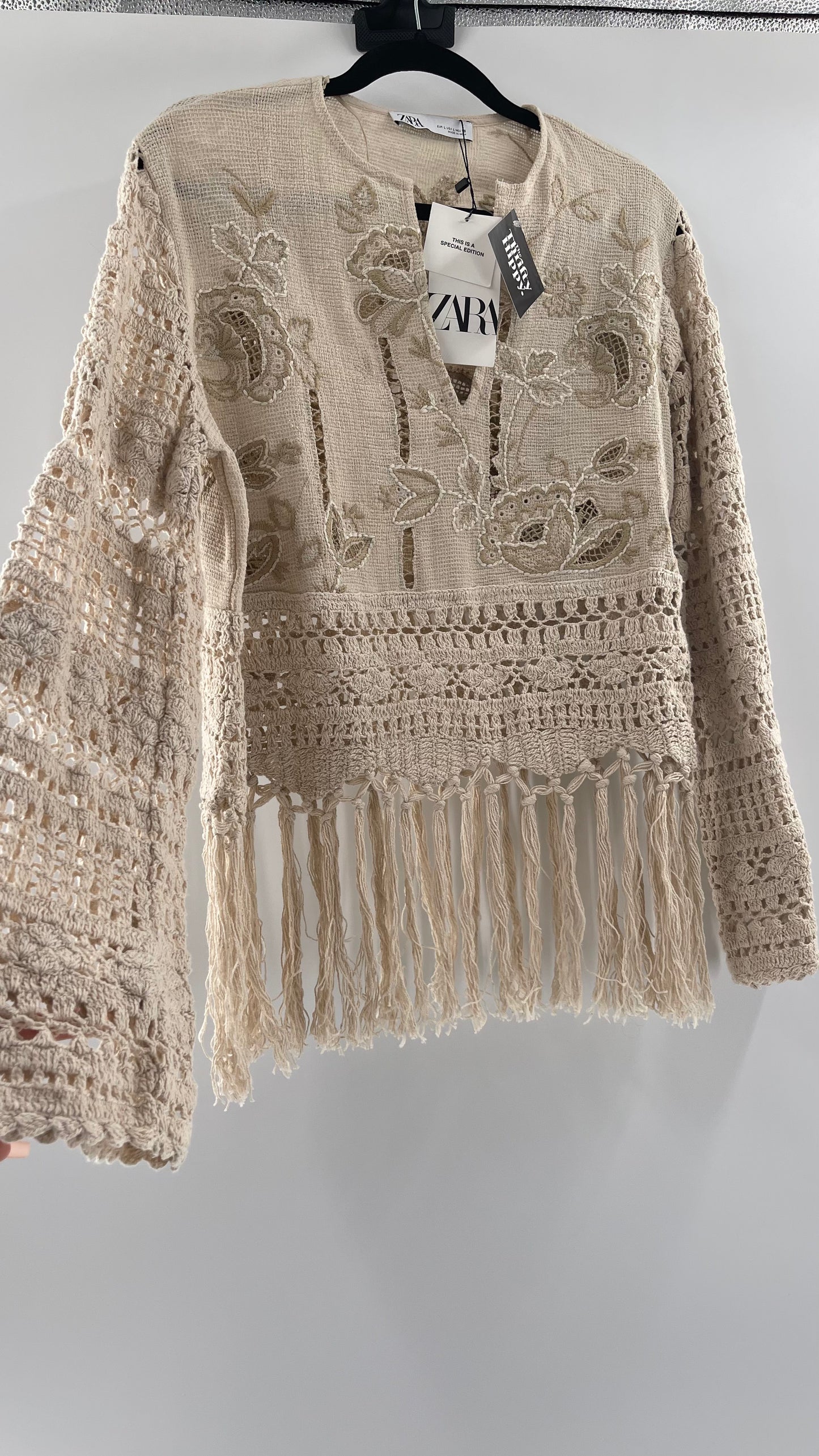 Zara Beige Gauze, Crochet, Embroidered Tunic Blouse (Large)