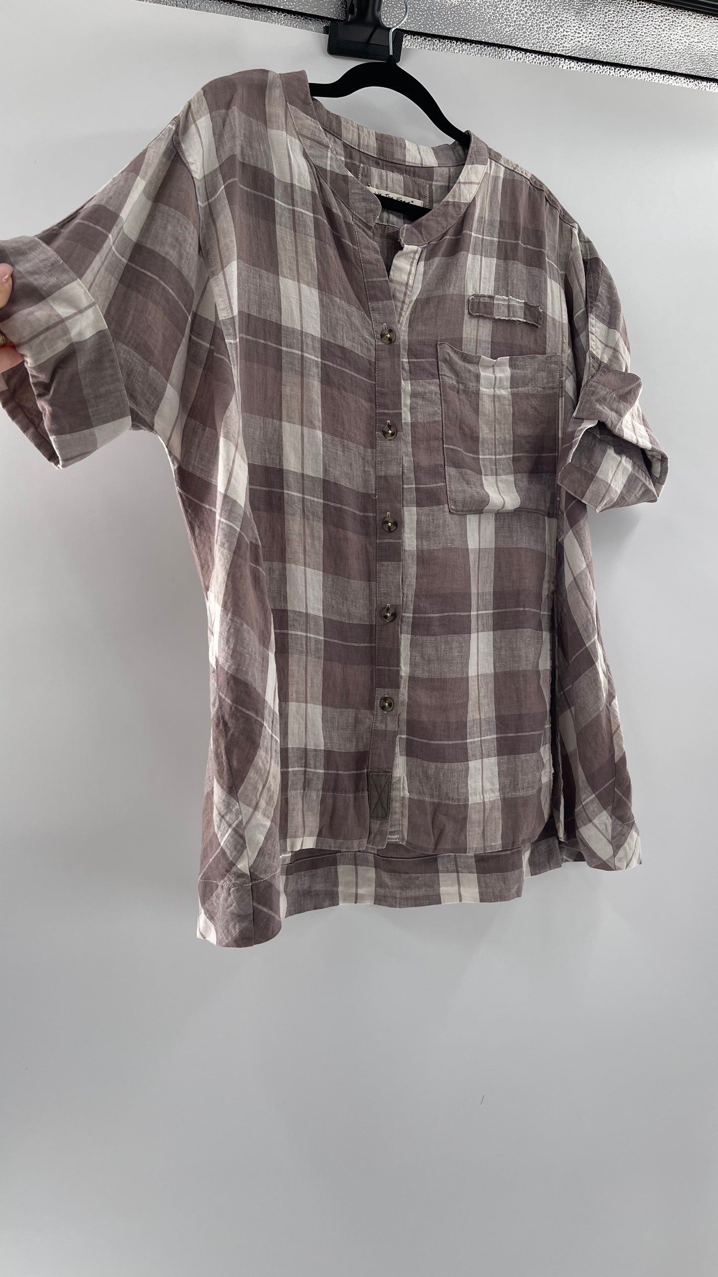 Free People 100% Linen Plaid Grey Short Sleeve (Small)