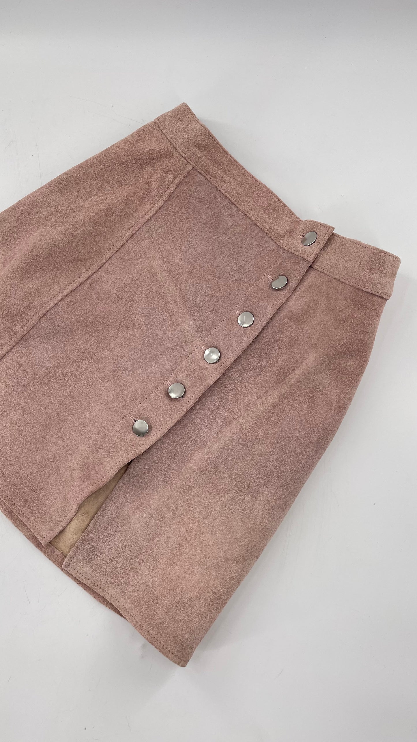 Free People Understated Leather Dusty Pink Suede Button Side Mini Skirt (Small)