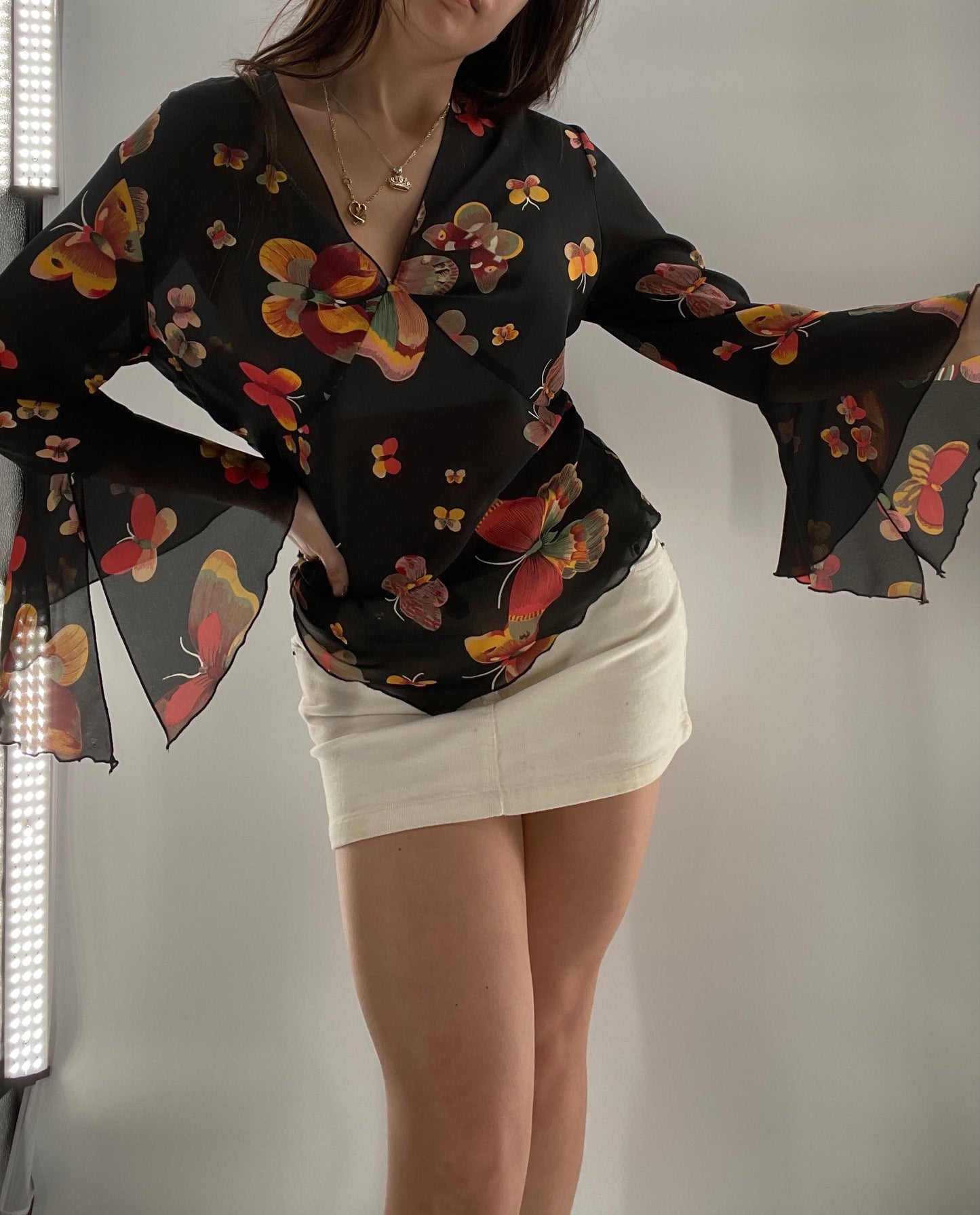 Vintage Butterfly Printed Sheer Bell Sleeve (S)