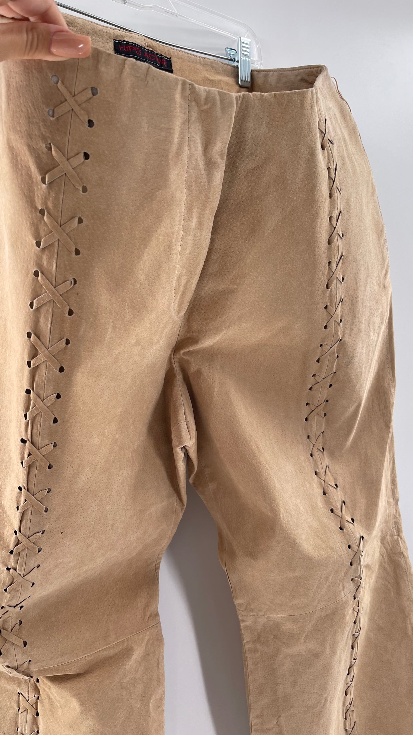 Vintage HYPOACTIVE Tan Leather Lace Up Plus Size Flare Pants (22W)