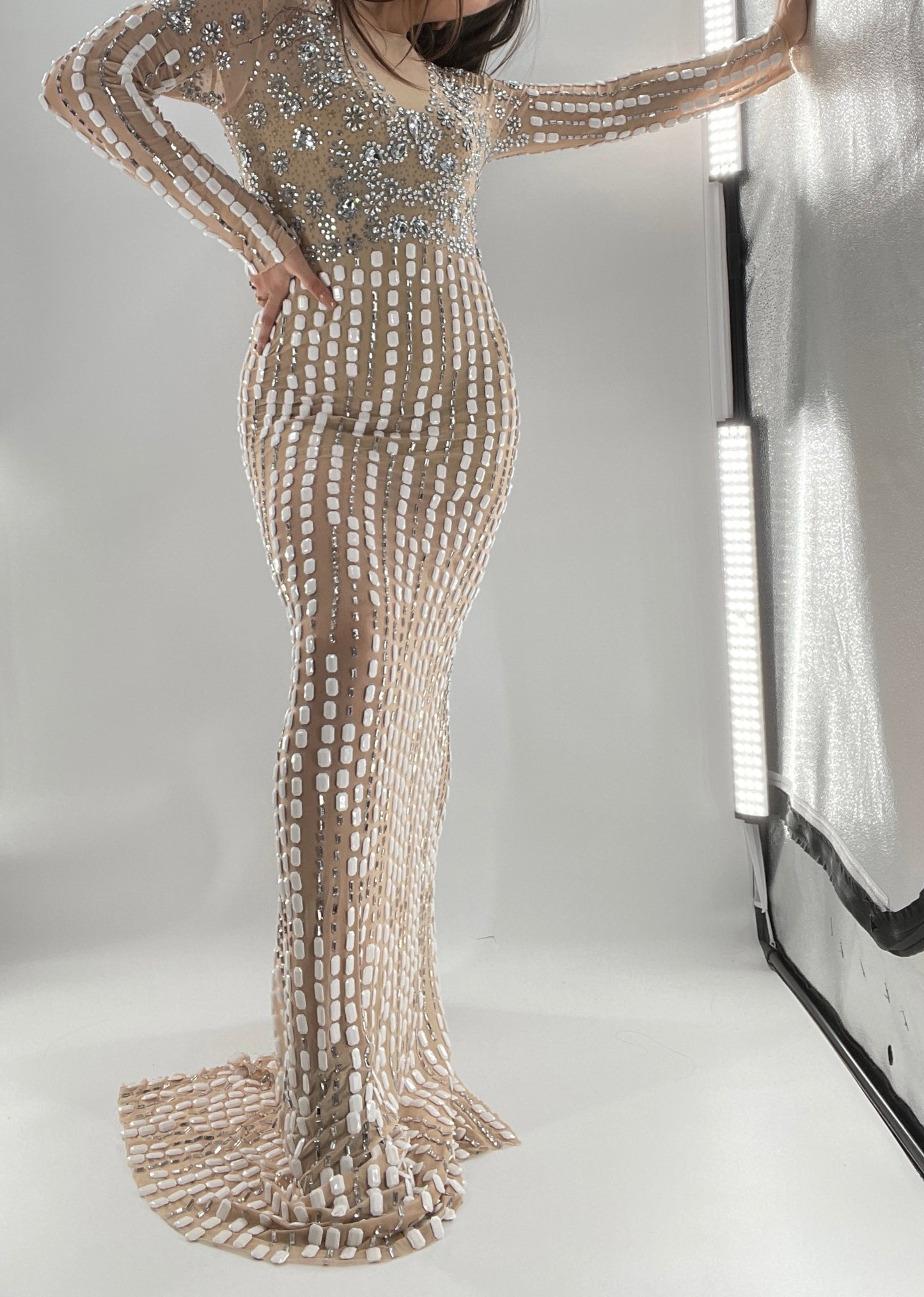 Modified Floor Length Gown Nude Underlay with Crystals and White Jewels (Medium)