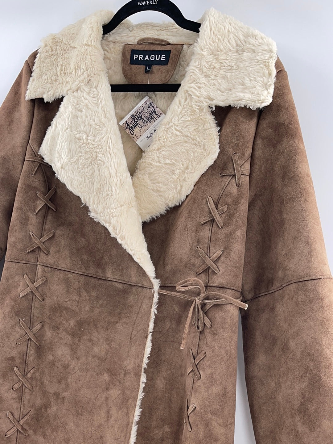 Prague Faux Brown Suede Shearling Lining Lace Up Detail on Sleeves and Front of Coat (Size Large)