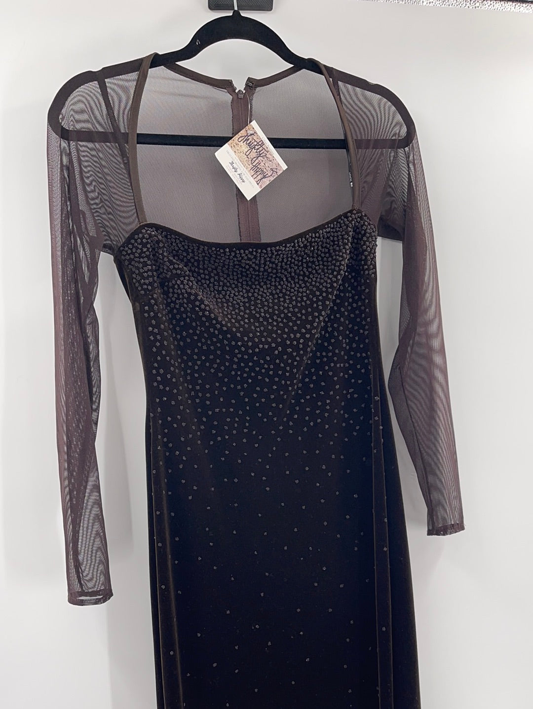 Tadashi Maxi Brown Velvet Long Sleeve Dress With Beaded Embellishments The Thrifty Hippy Tadashi Maxi Brown Velvet Long Sleeve Dress With Beaded Embellishments The Thrifty Hippy