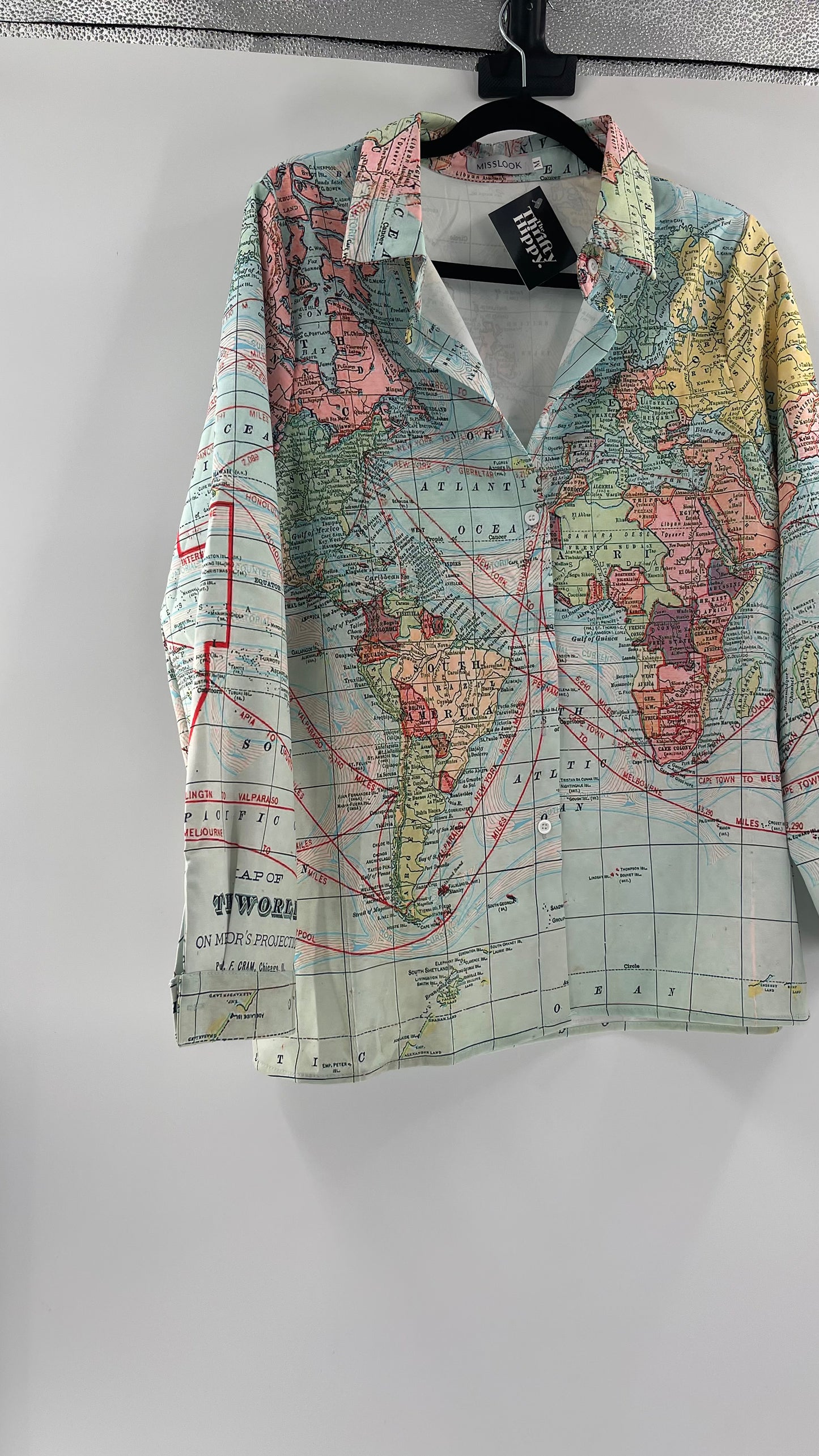 MISSLOOK Globe Map Long Sleeve Graphic Button Up (Medium)