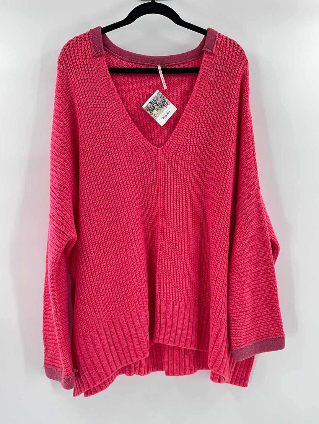 Free People Bright Pink Oversized Sweater V Neck ( Size Medium/Large)