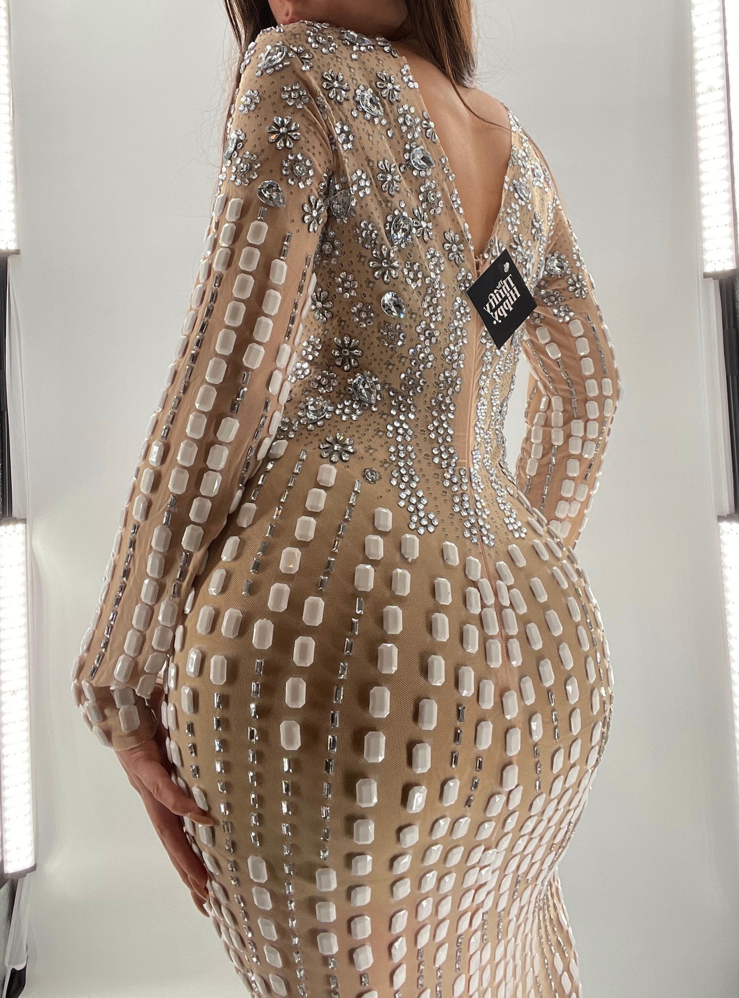 Modified Floor Length Gown Nude Underlay with Crystals and White Jewels (Medium)