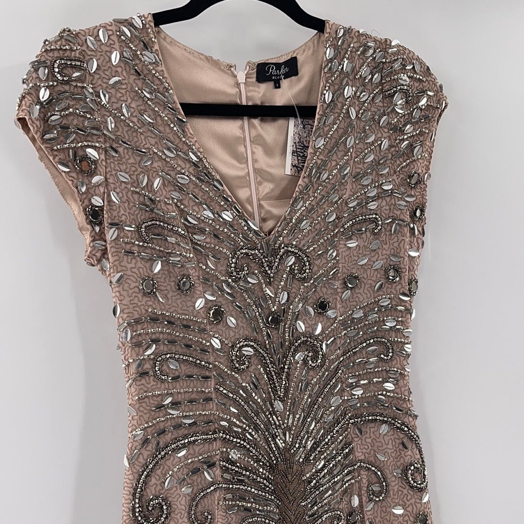 Parker Black Beige Beaded Midi Dress (Size 2)