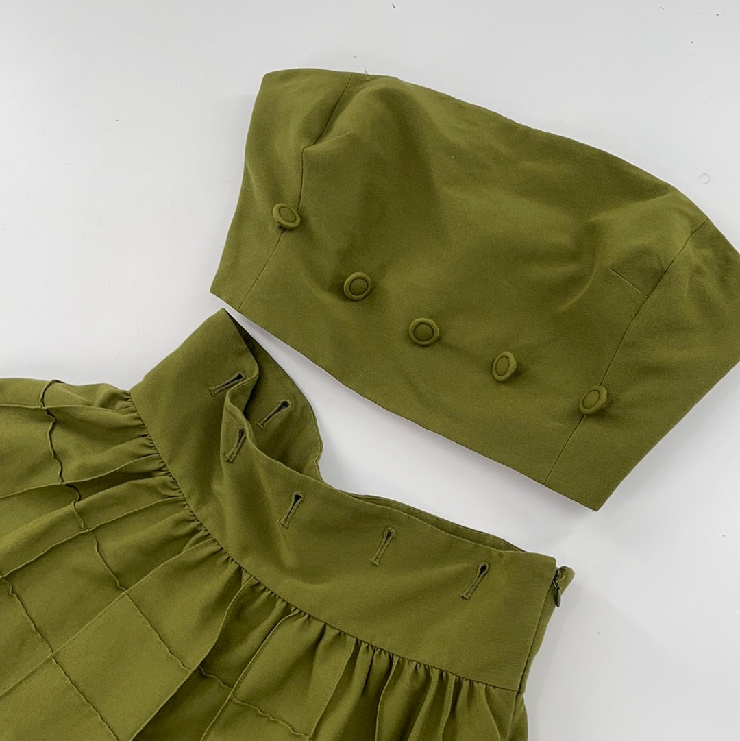 Maeve - Anthropologie Strapless Oliver Green Pleated MIDI Dress - Buttoned Under Breast- Could Separate and Make a 2 Piece Set - (Size 4)