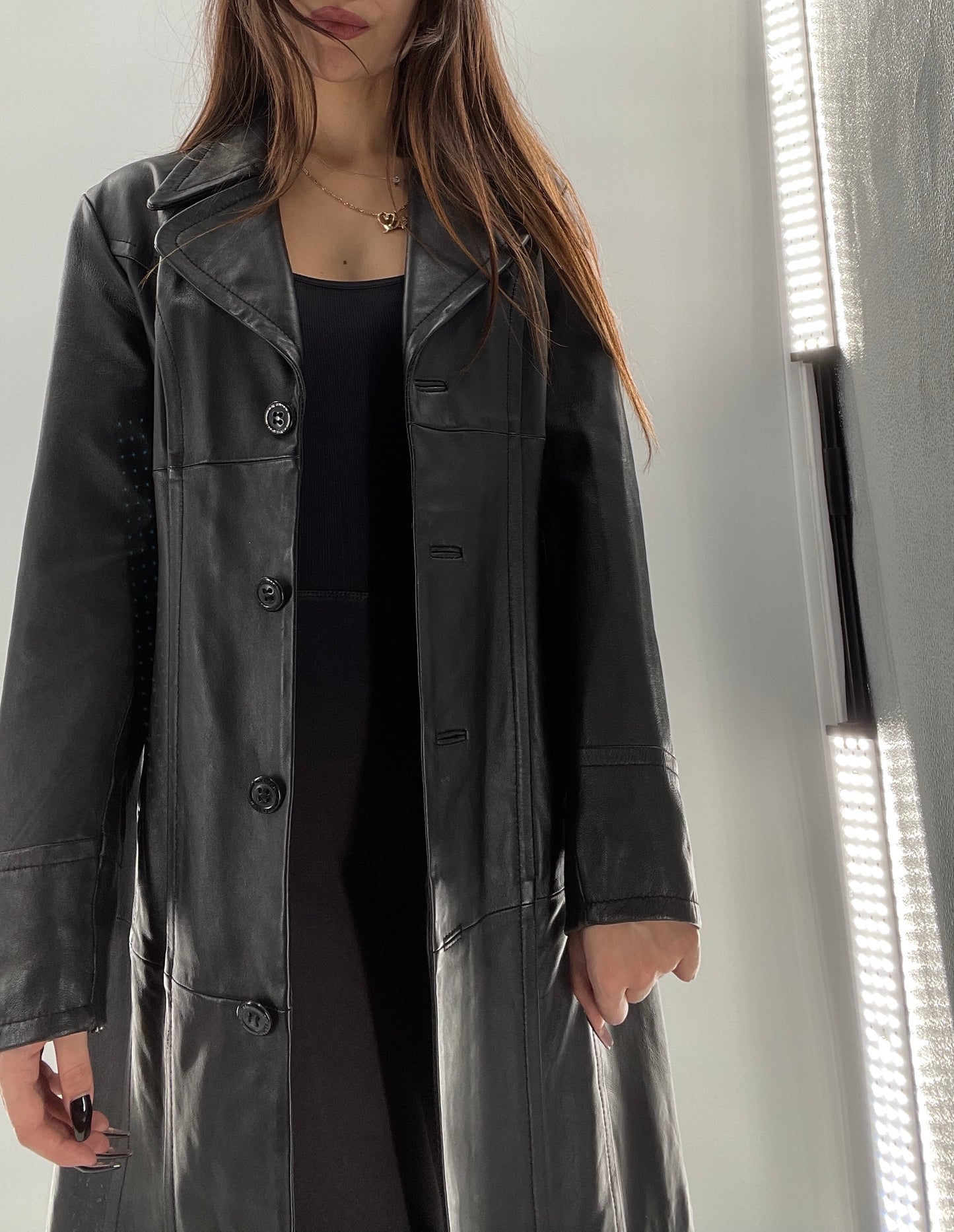Vintage Black Leather Collared Midi Coat (Small)