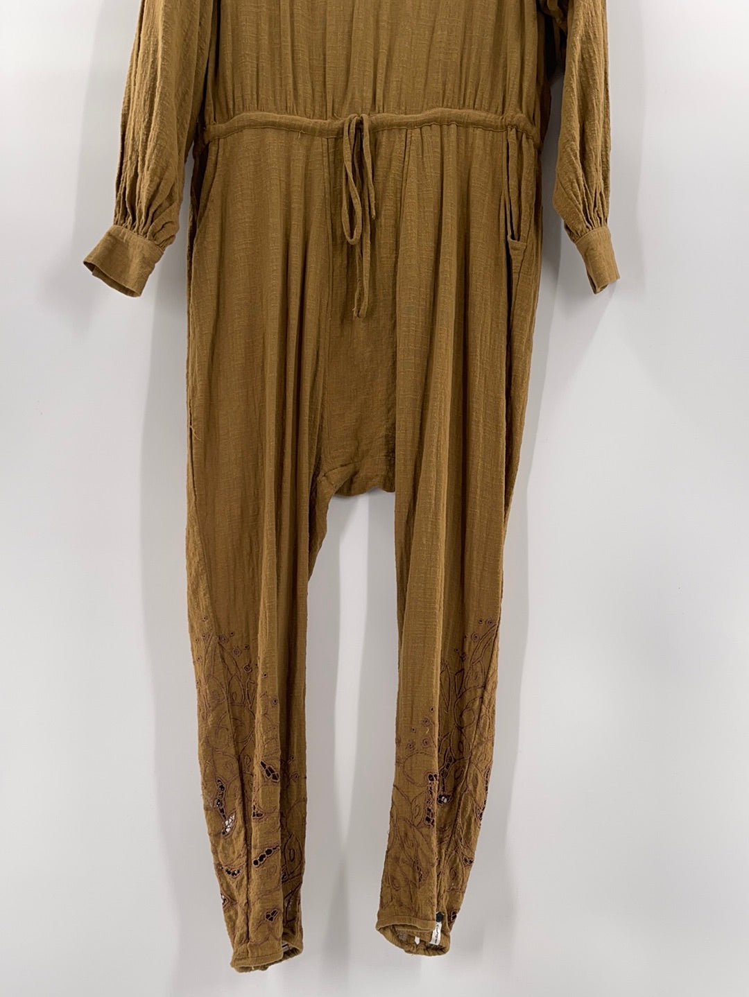 Free People - One Teaspoon - Tobacco Long Sleeve Embroidered Laser Cut Details Adjustable Drawstring Waist Line With Side Pockets Backless Jumpsuit (Size Small) - WITH TAG -