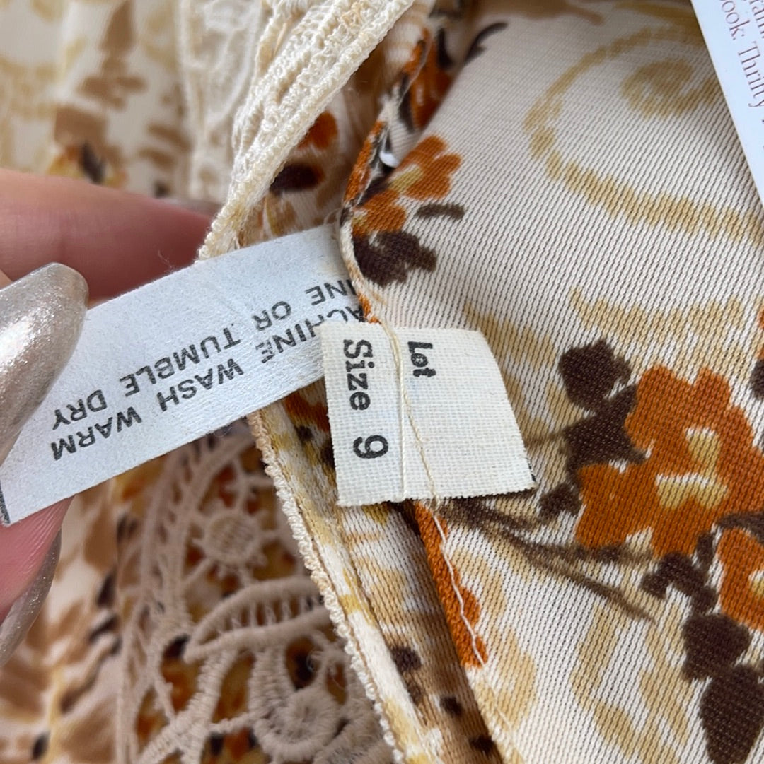 Genuine 70's Prairie Yellow Flower Patterned Midi Dress (Vintage Size 9/XS)