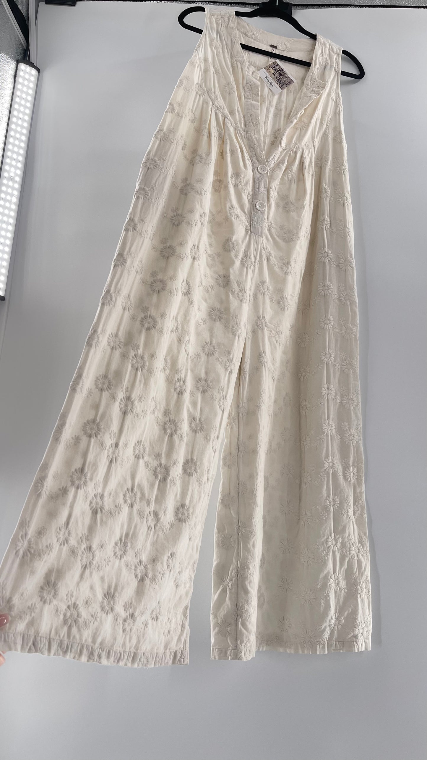 Free People White Sleeveless Embroidered Flower Jumpsuit