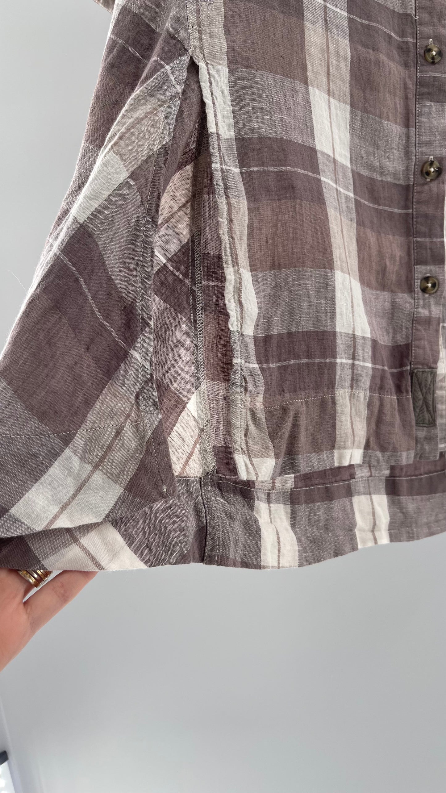 Free People 100% Linen Plaid Grey Short Sleeve (Small)
