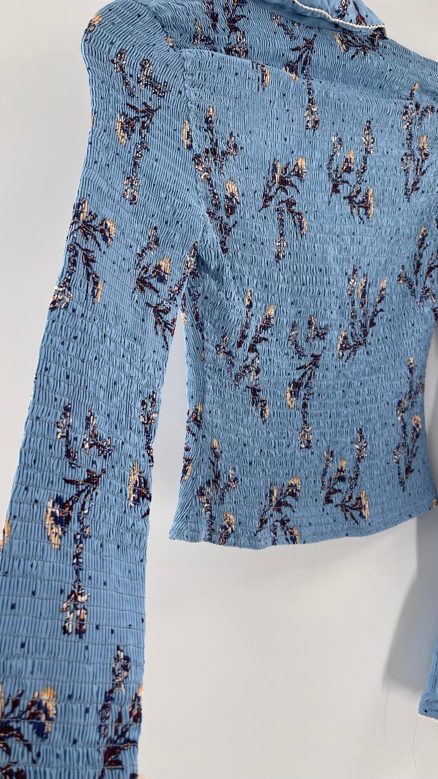 Free People Powder Blue Smocked, Collared, Bell Sleeved, Button Up (XS)