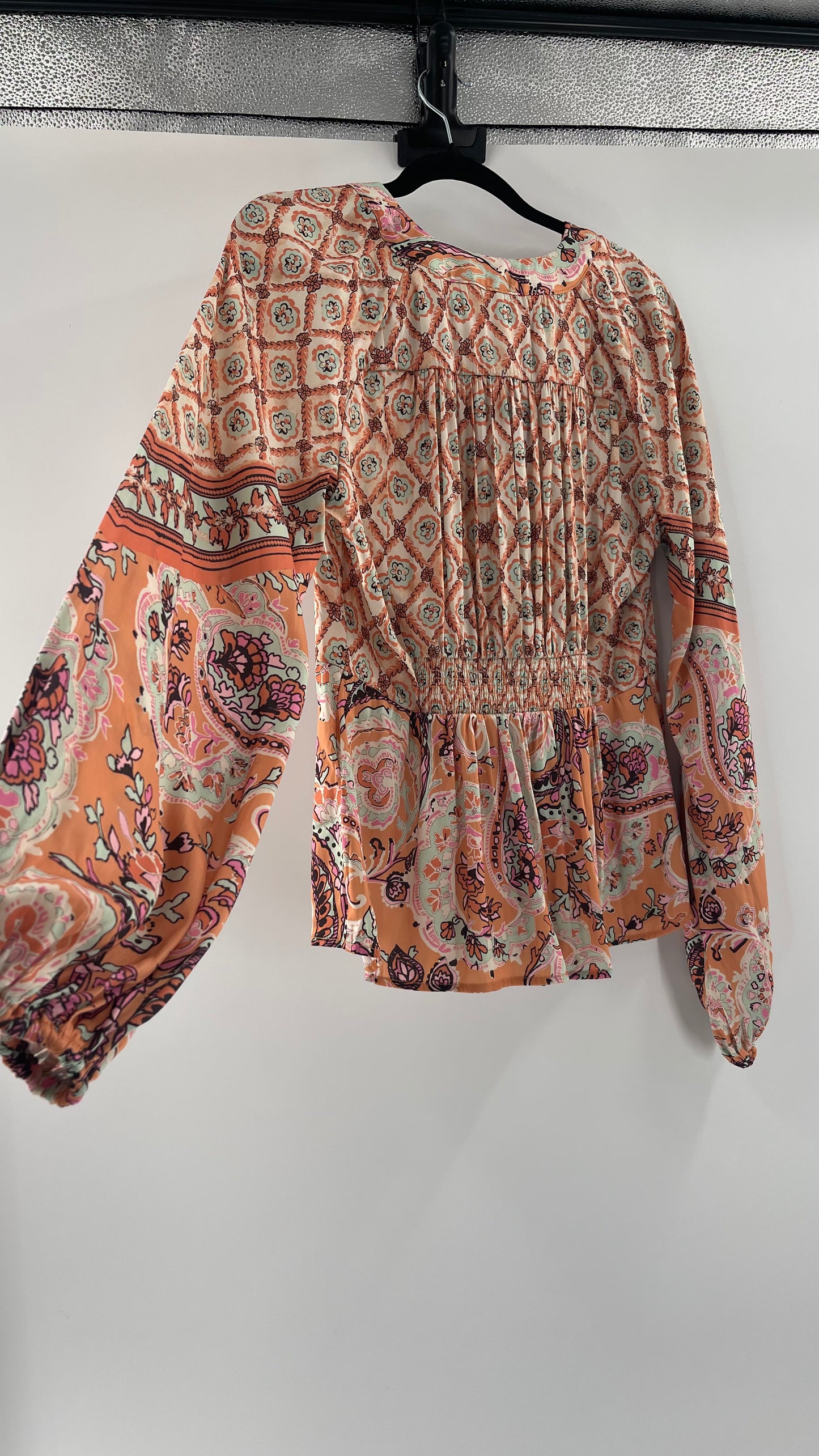 Free People Silky Orange Paisley Tie Front Blouse (M)