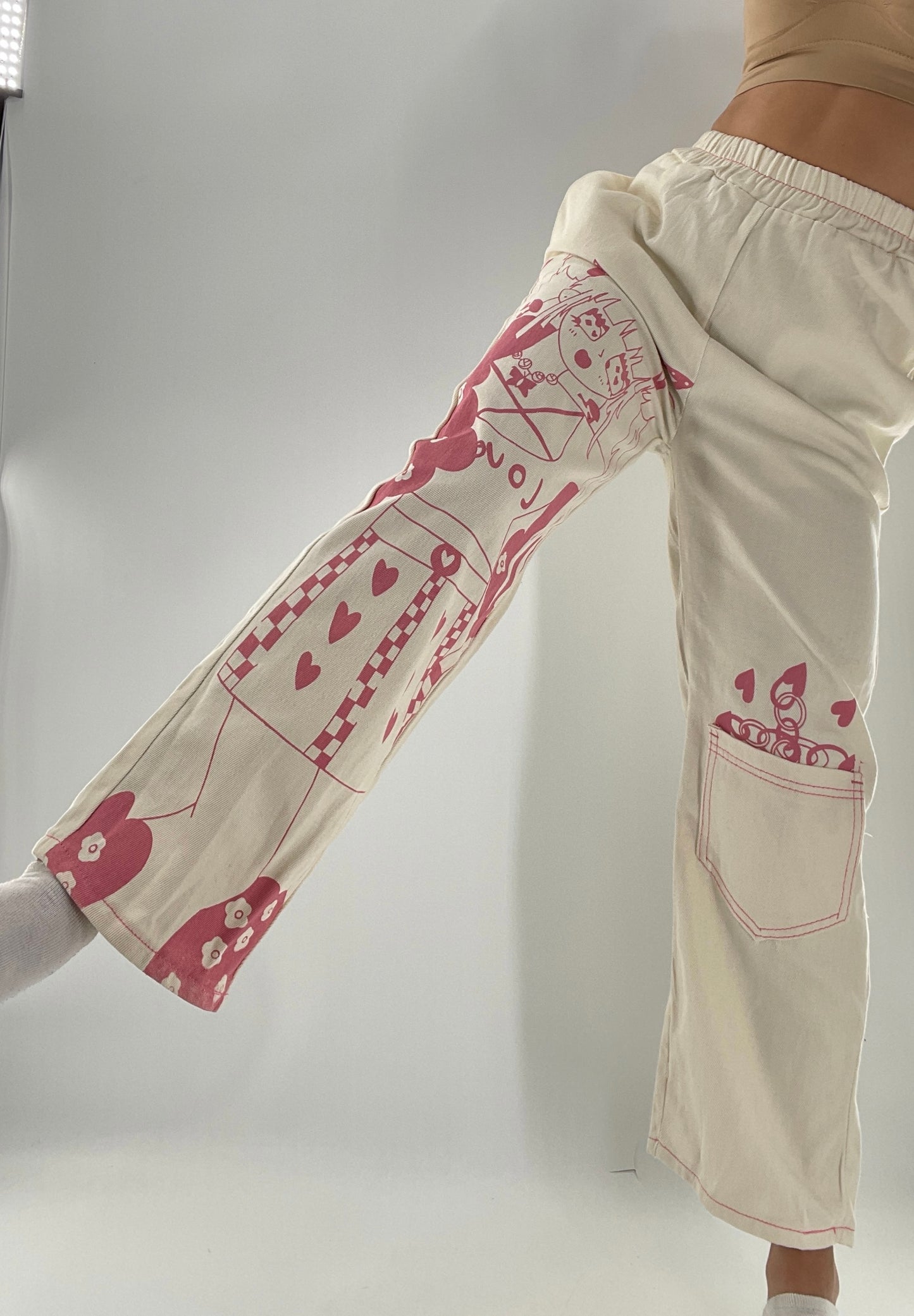 Beige Carpenter Pant with Pocket and Pink Anime Graphic (Medium)
