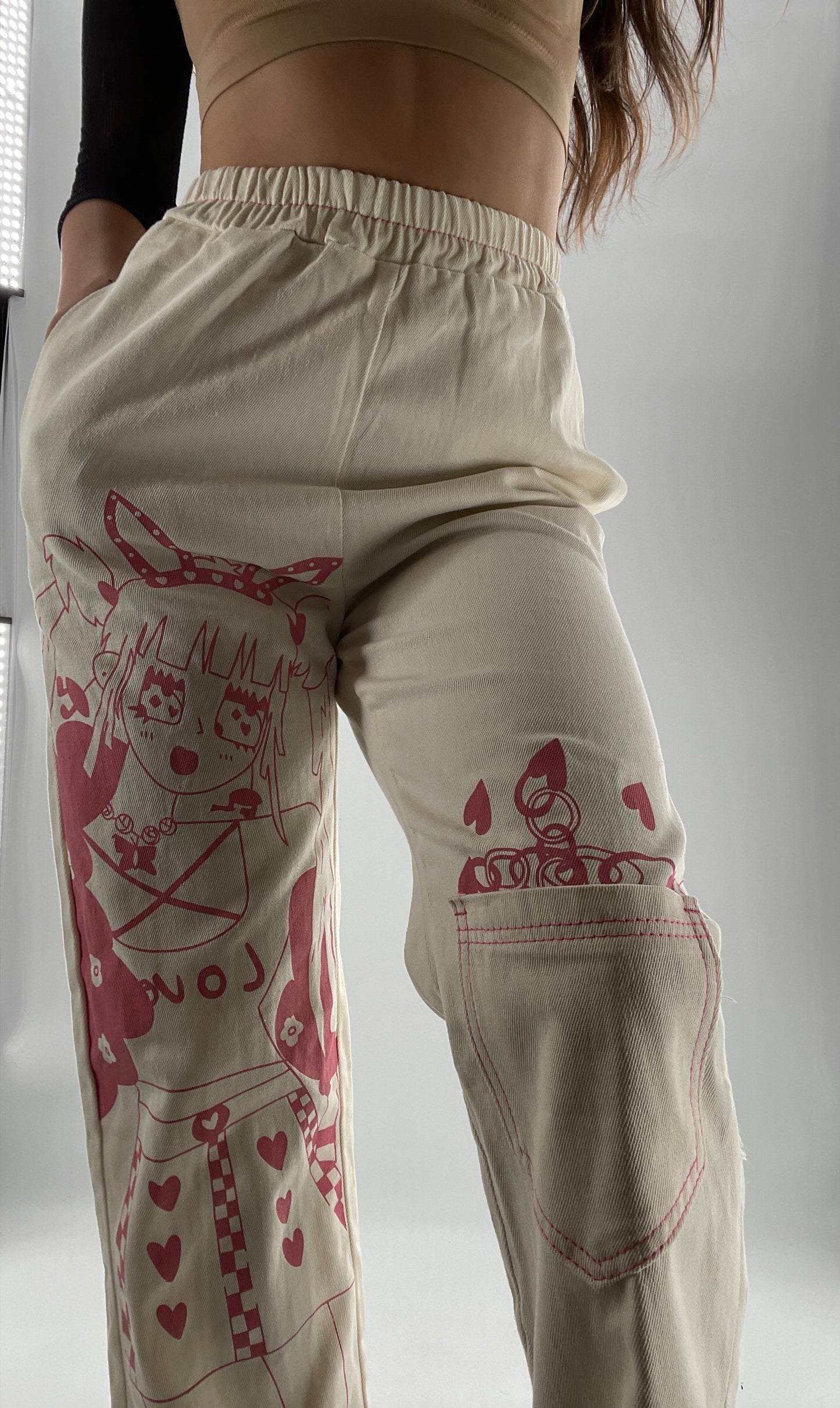 Beige Carpenter Pant with Pocket and Pink Anime Graphic (Medium)