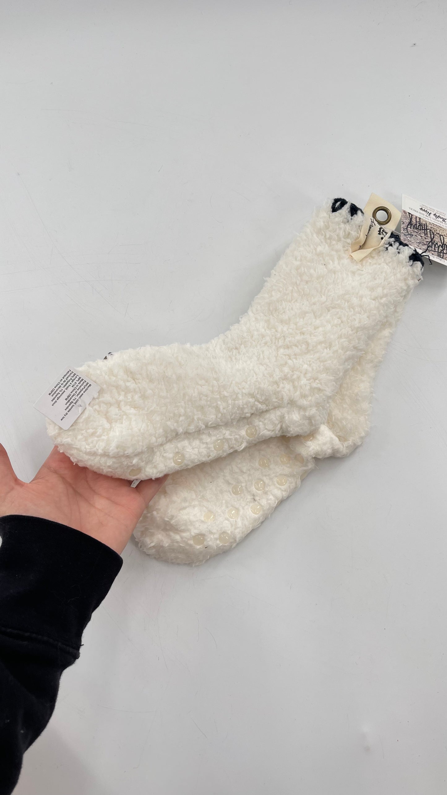 Free People White Fuzzy Socks with Navy Embroidery