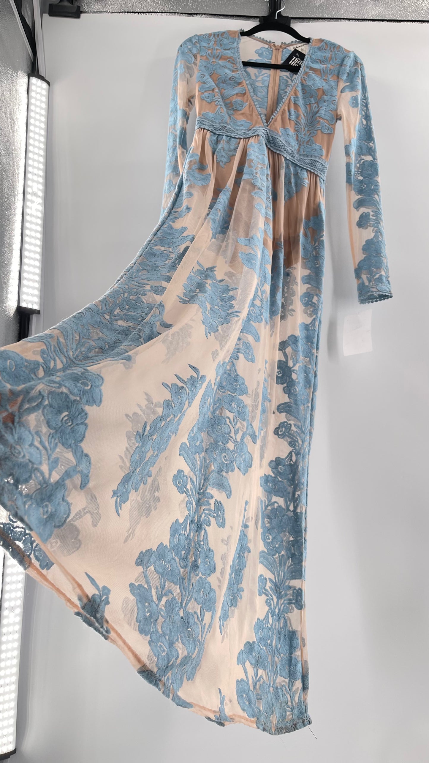 For Love and Lemons Powder Blue Embroidered Temecula Maxi Dress