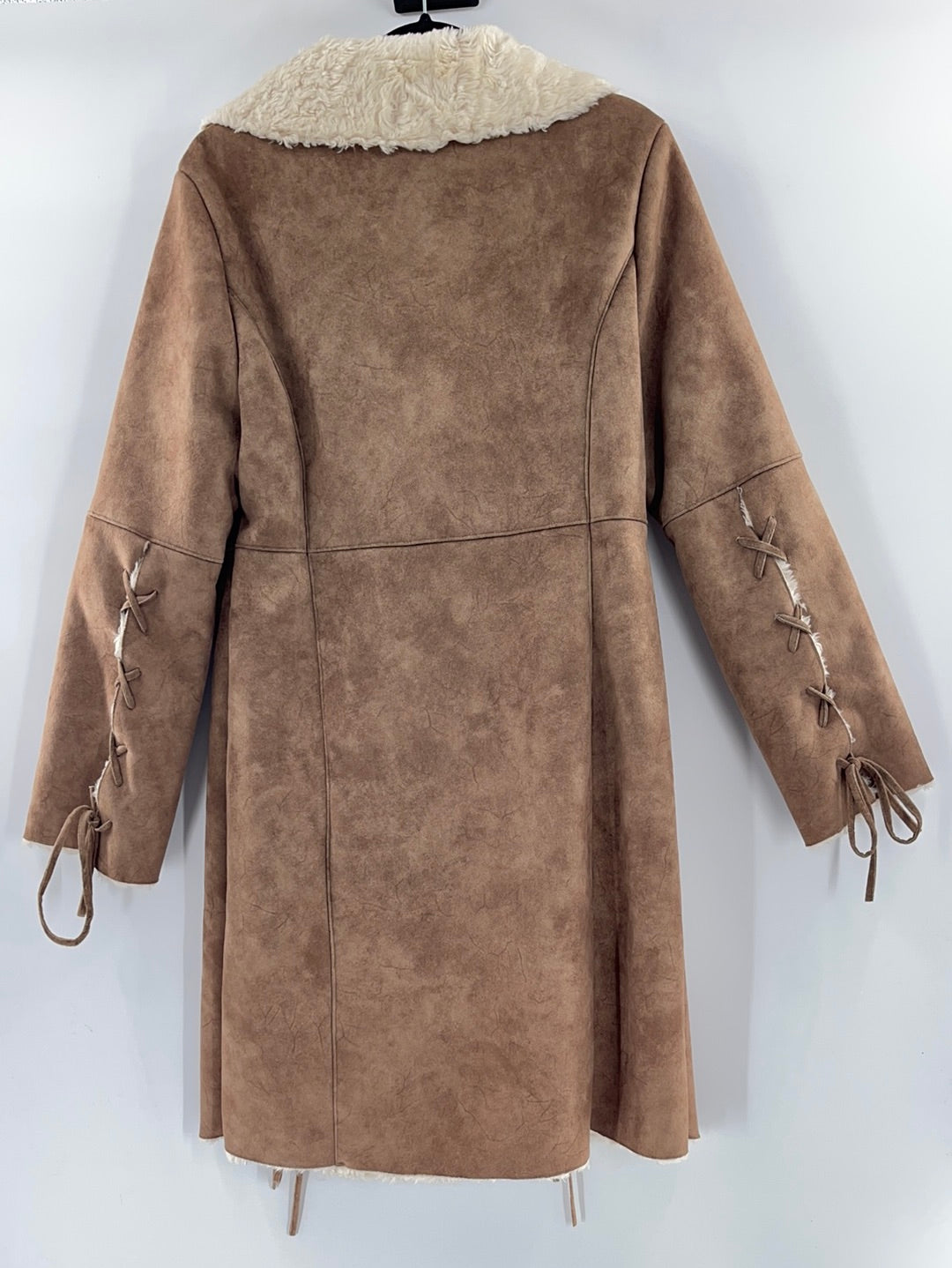 Prague Faux Brown Suede Shearling Lining Lace Up Detail on Sleeves and Front of Coat (Size Large)