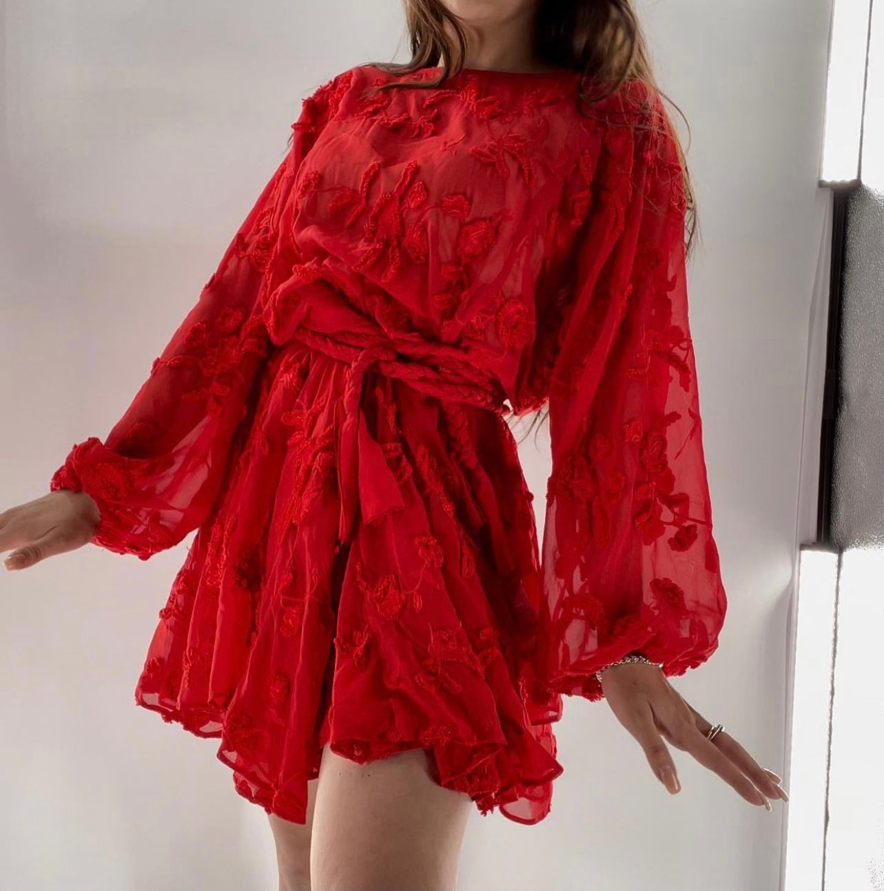 Mare Mare - Red Mesh Embroidered Flower Mini Dress