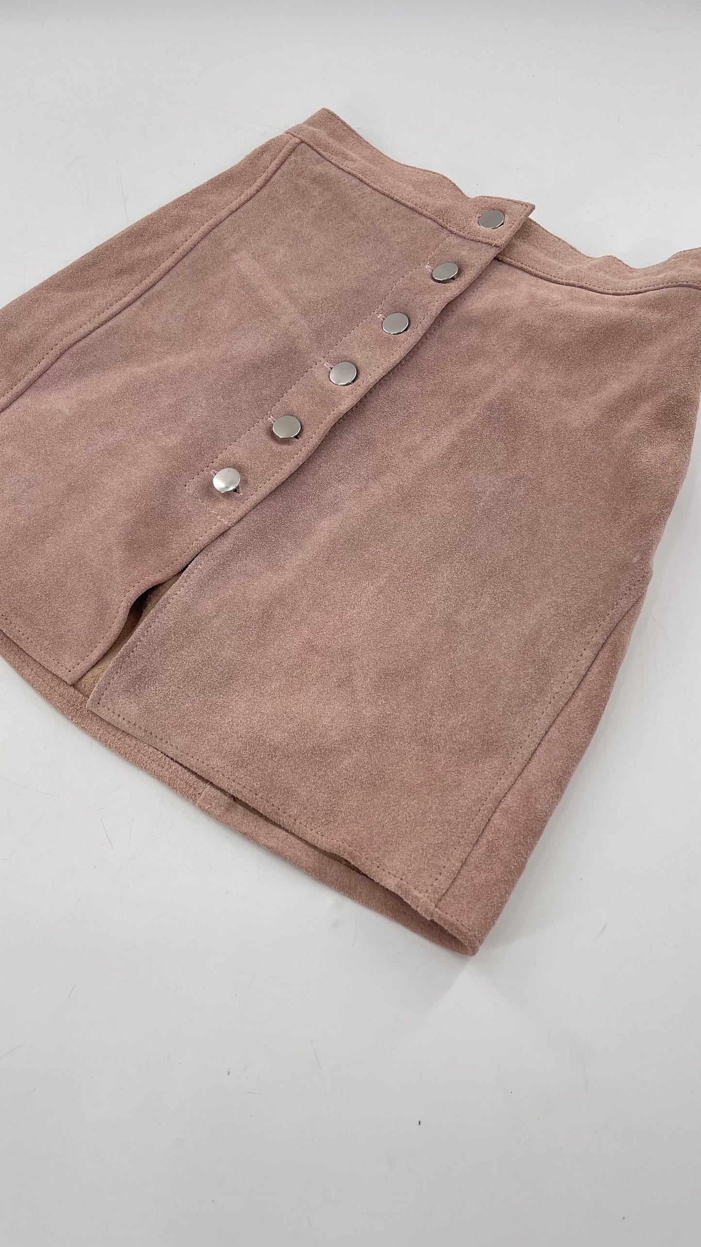 Free People Understated Leather Dusty Pink Suede Button Side Mini Skirt (Small)