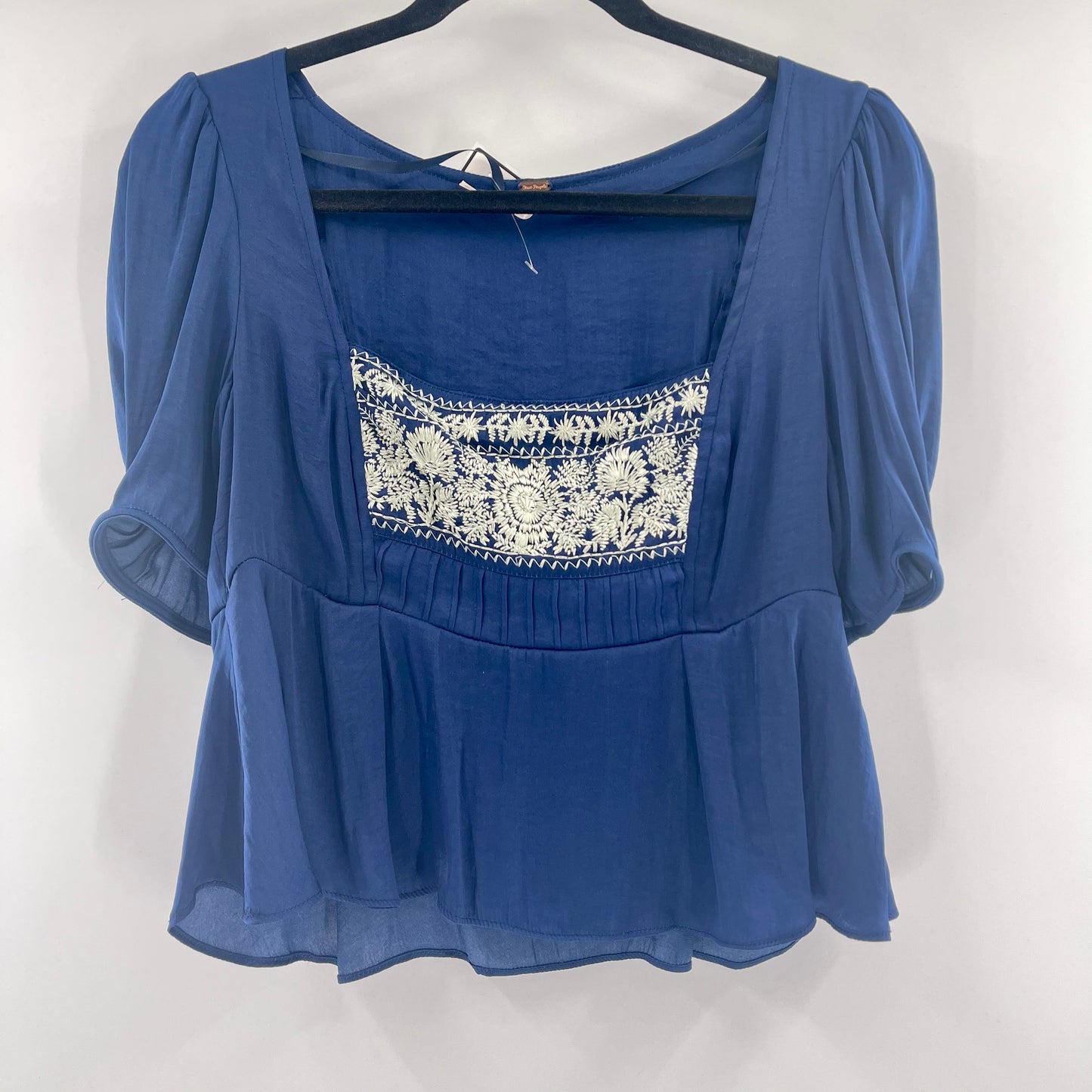Free People Navy, Silky Embroidered Short Sleeve (XS)