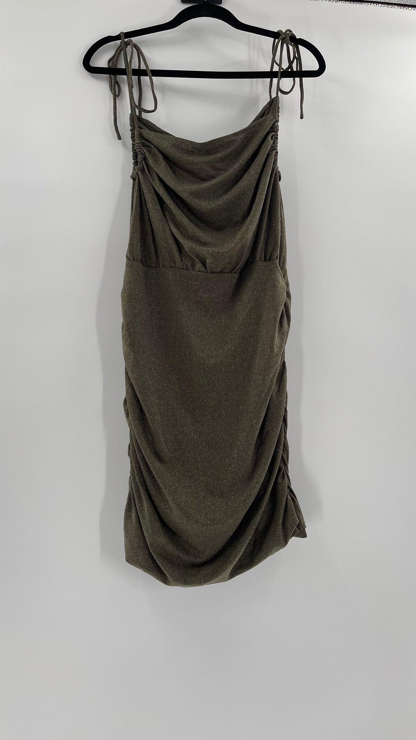 Free People Army Green Glitter Ruche Dress (XL)
