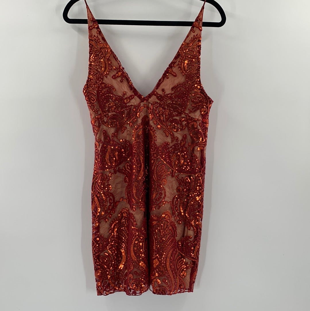 Free People Red Sequin Lace Mini Dress (Sz6)