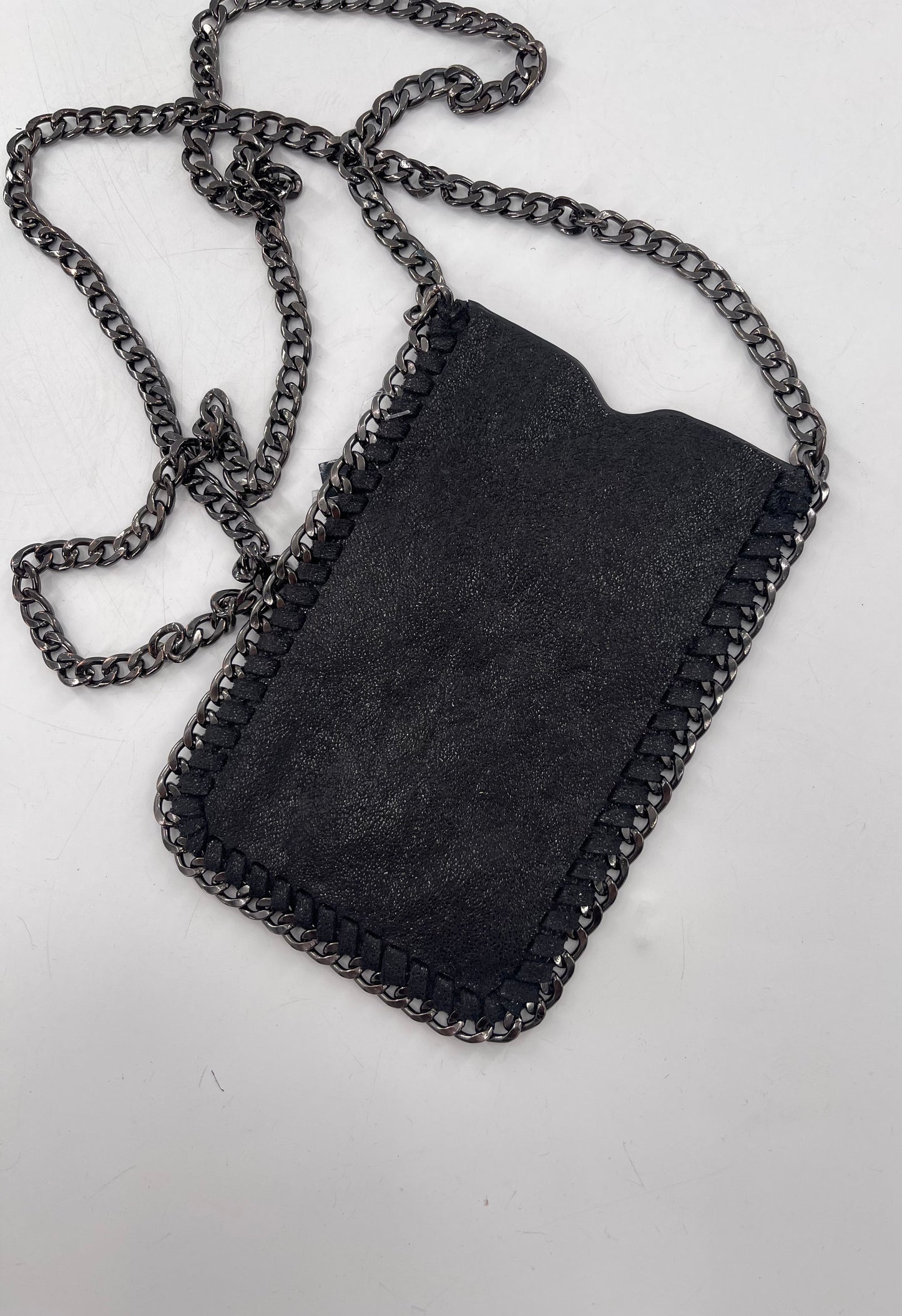 Metallic Black Leather Chain Lined Phone Pouch